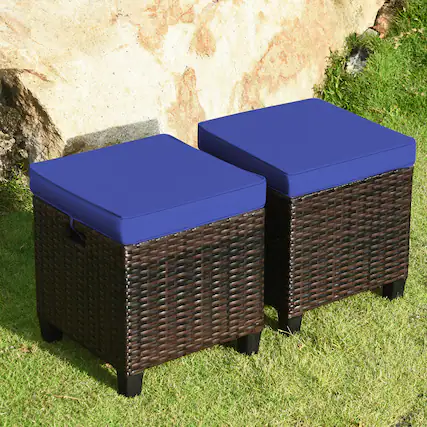 Front. Gymax - Gymax Set of 2 Patio Rattan Ottoman Footrest Garden Outdoor w/ Navy Cushion - as pic.