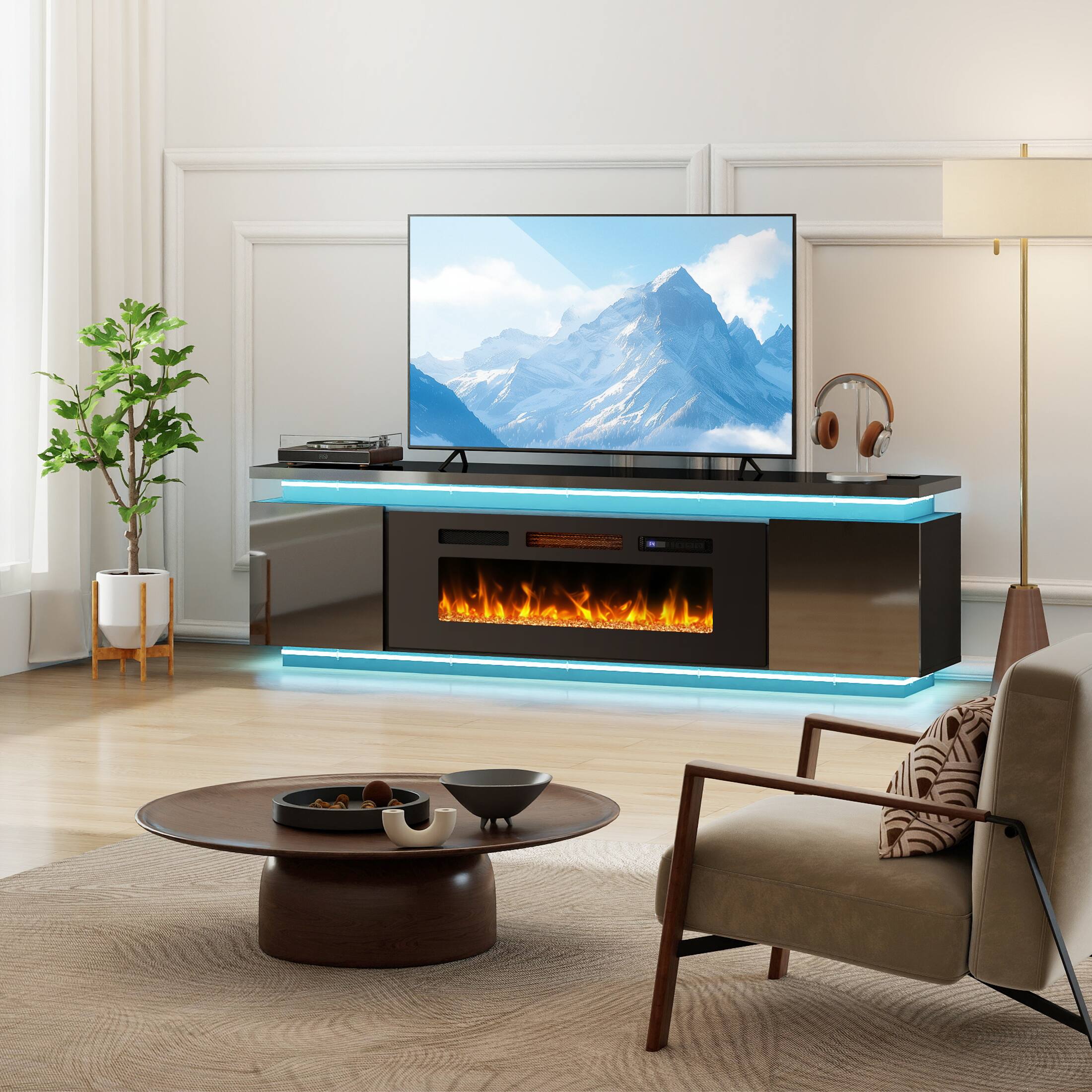 Alt View 5. Skyzoo - Skyzoo Electric Fireplace TV Stand for TVs up to 80" with LED Lights & 4 AC Power Outlets, TV console for Living Room - Black.