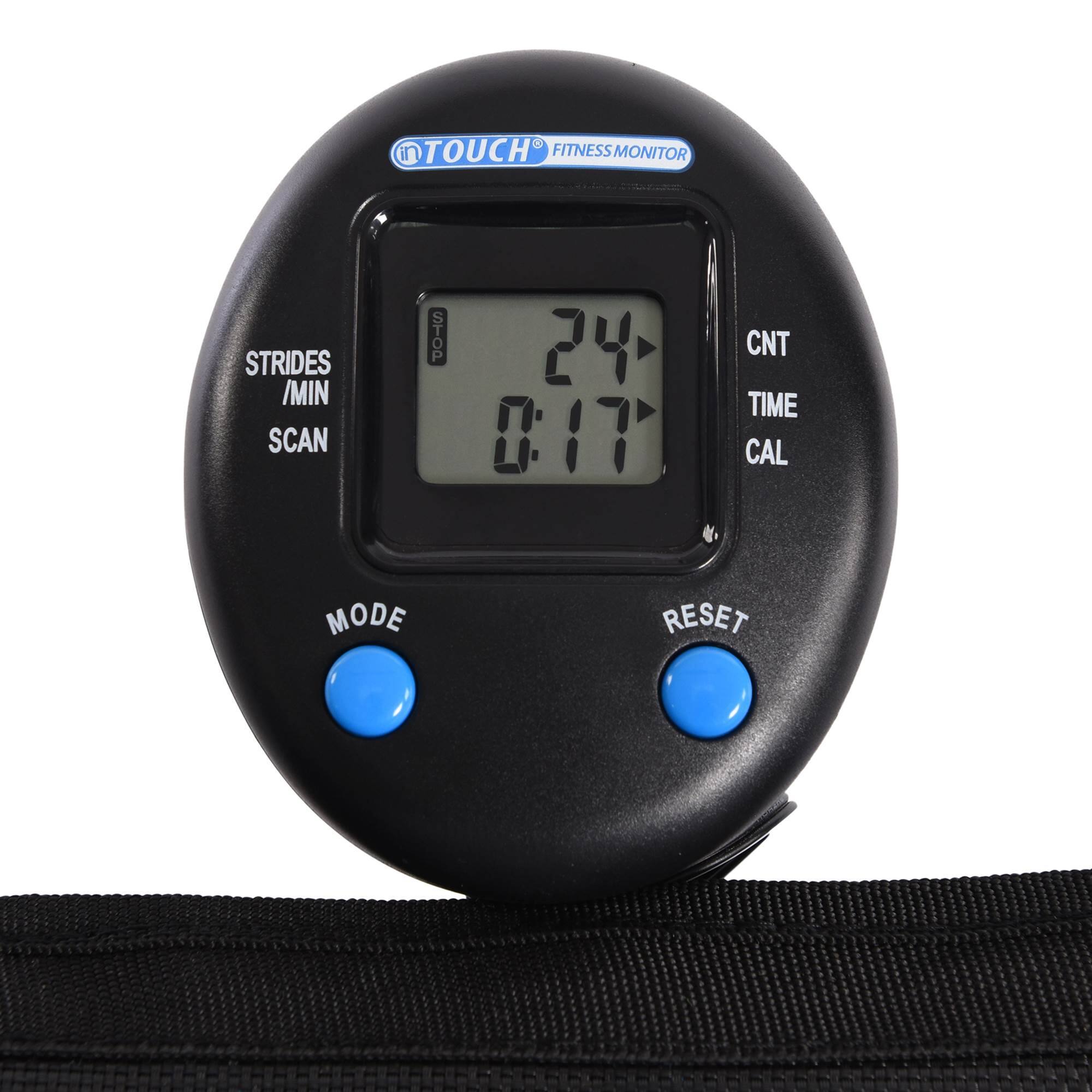 Sure, here is the corrected and grouped text from the image:

- **Top Center:** in TOUCH FITNESS MONITOR
- **Left Side:** STRIDES /MIN SCAN
- **Right Side:** CNT TIME CAL
- **Bottom Left Button:** MODE
- **Bottom Right Button:** RESET
- **Display:** 24 0:17