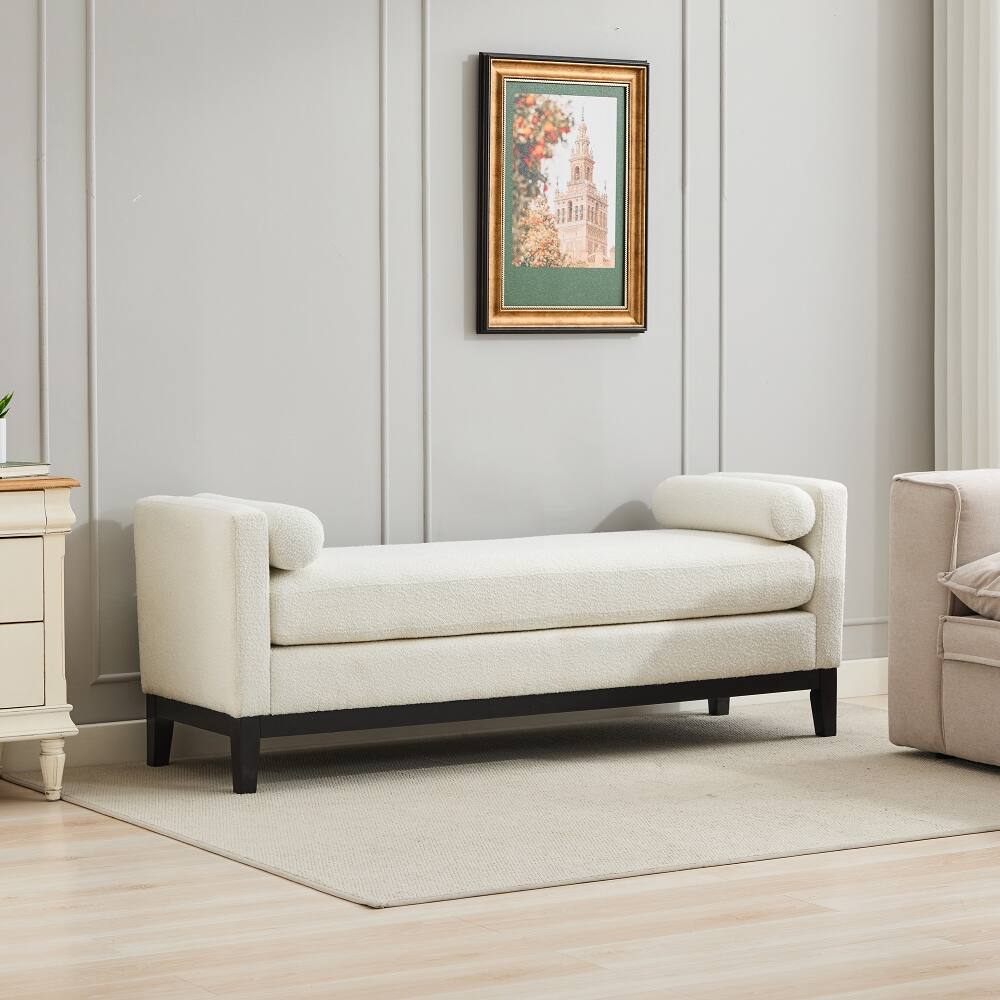 Left. Ropilly - Ropilly Ivory Boucle End of Bed Bench with Black Wood Frame - Ivory.