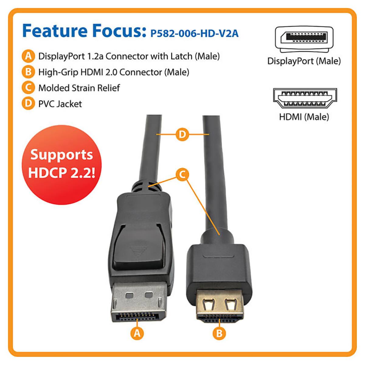 Feature Focus: P582-006-HD-V2A

A. DisplayPort 1.2a Connector with Latch (Male)  
B. High-Grip HDMI 2.0 Connector (Male)  
C. Molded Strain Relief  
D. PVC Jacket  

DisplayPort (Male) HDMI (Male)  

Supports HDCP 2.2!