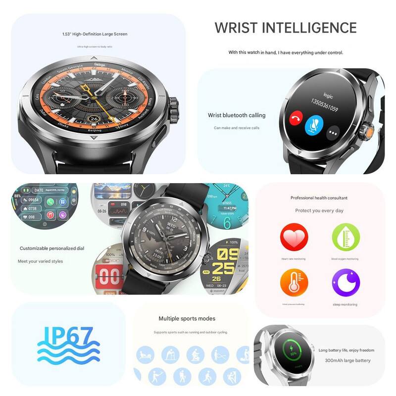 1.53" High-Definition Large Screen

WRIST INTELLIGENCE
With this watch in hand, I have everything under control.

Wrist bluetooth calling
Can make and receive calls

Customizable personalized dial
Meet your varied styles

Professional health consultant
Protect you every day

Multiple sports modes
Supports sports such as running and outdoor cycling

IP67

Long battery life, enjoy freedom
300mAh large battery