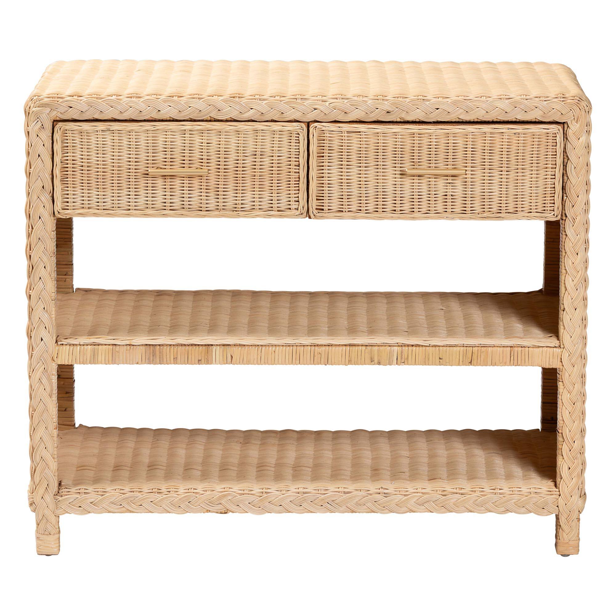 Left. bali & pari - Lanica Braided Rattan Console Table with Drawers and Shelves – Coastal Style Storage Cabinet - Sun-bleached Rattan.