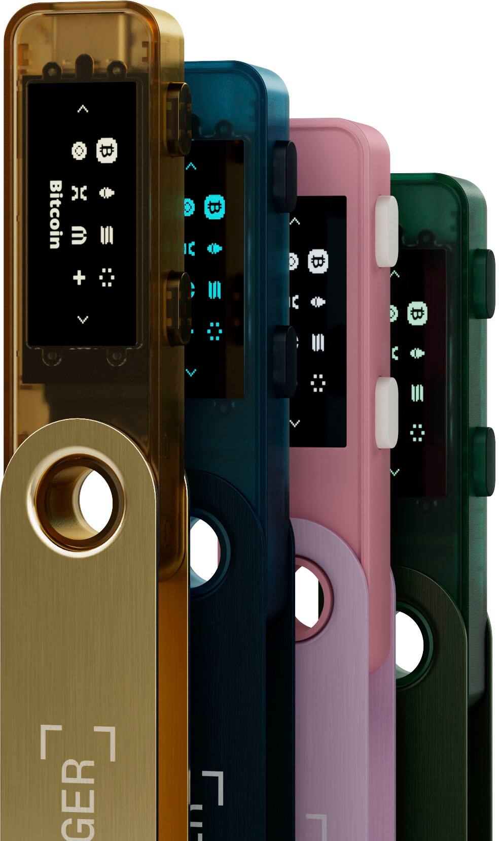 The image shows a row of five different colored cell phones, each with a different color. The colors include gold, pink, green, blue, and black. The phones are lined up next to each other, showcasing their unique designs and colors.