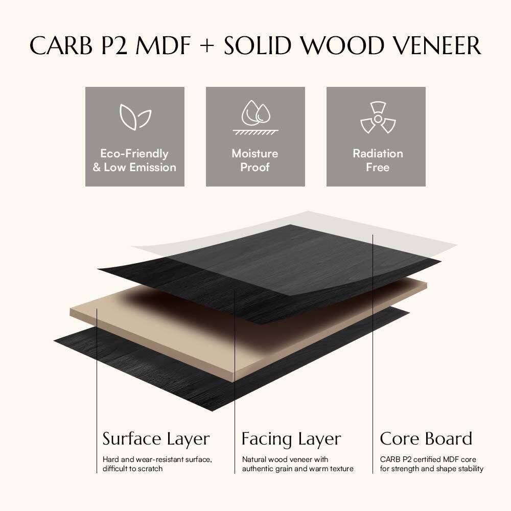 CARB P2 MDF + SOLID WOOD VENEER

Eco-Friendly & Low Emission  
Moisture Proof  
Radiation Free  

Surface Layer  
Hard and wear-resistant surface, difficult to scratch  

Facing Layer  
Natural wood veneer with authentic grain and warm texture  

Core Board  
CARB P2 certified MDF core for strength and shape stability