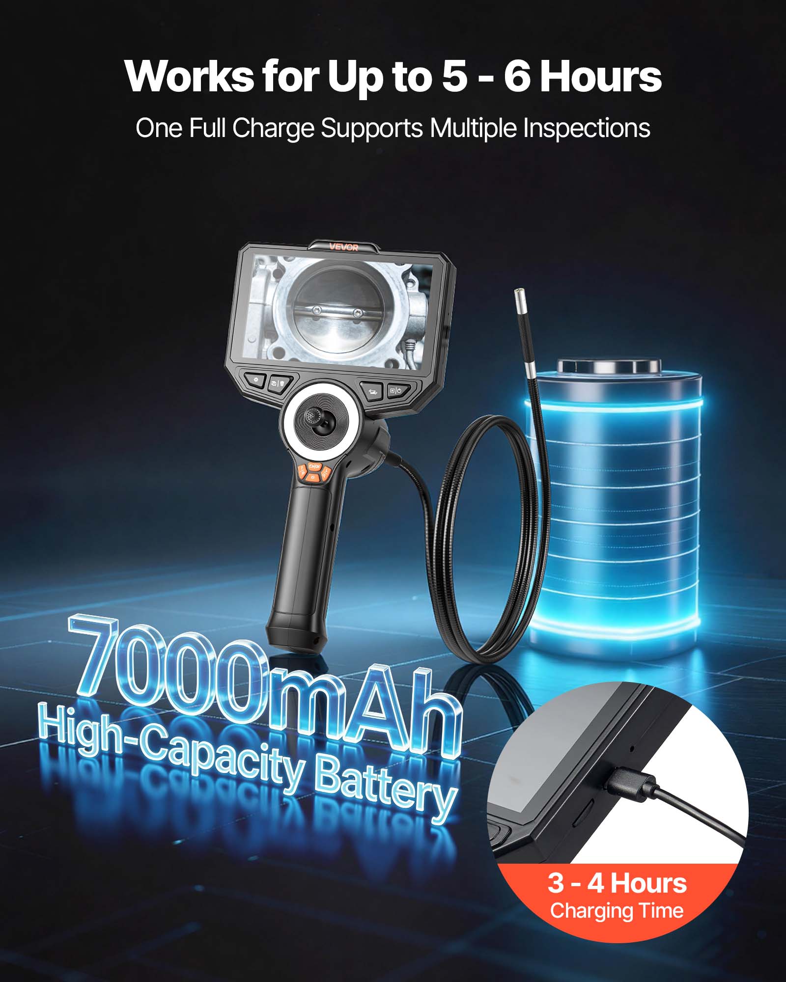Works for Up to 5 - 6 Hours  
One Full Charge Supports Multiple Inspections  

7000mAh High-Capacity Battery  

3 - 4 Hours Charging Time
