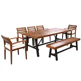 Mondawe - Outdoor Wood Dining Set With Removable Cushions, Ergonomic Chairs And Benche - Natural