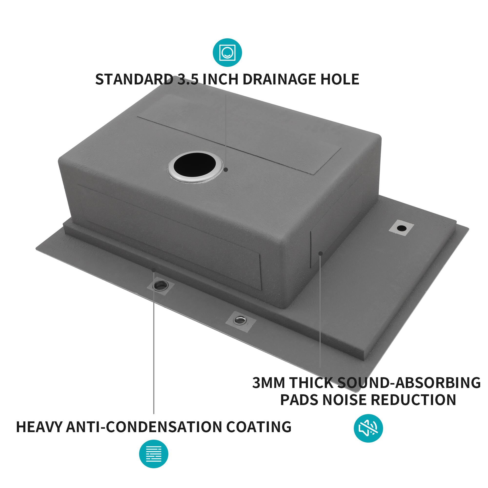 STANDARD 3.5 INCH DRAINAGE HOLE  
3MM THICK SOUND-ABSORBING PADS NOISE REDUCTION  
HEAVY ANTI-CONDENSATION COATING