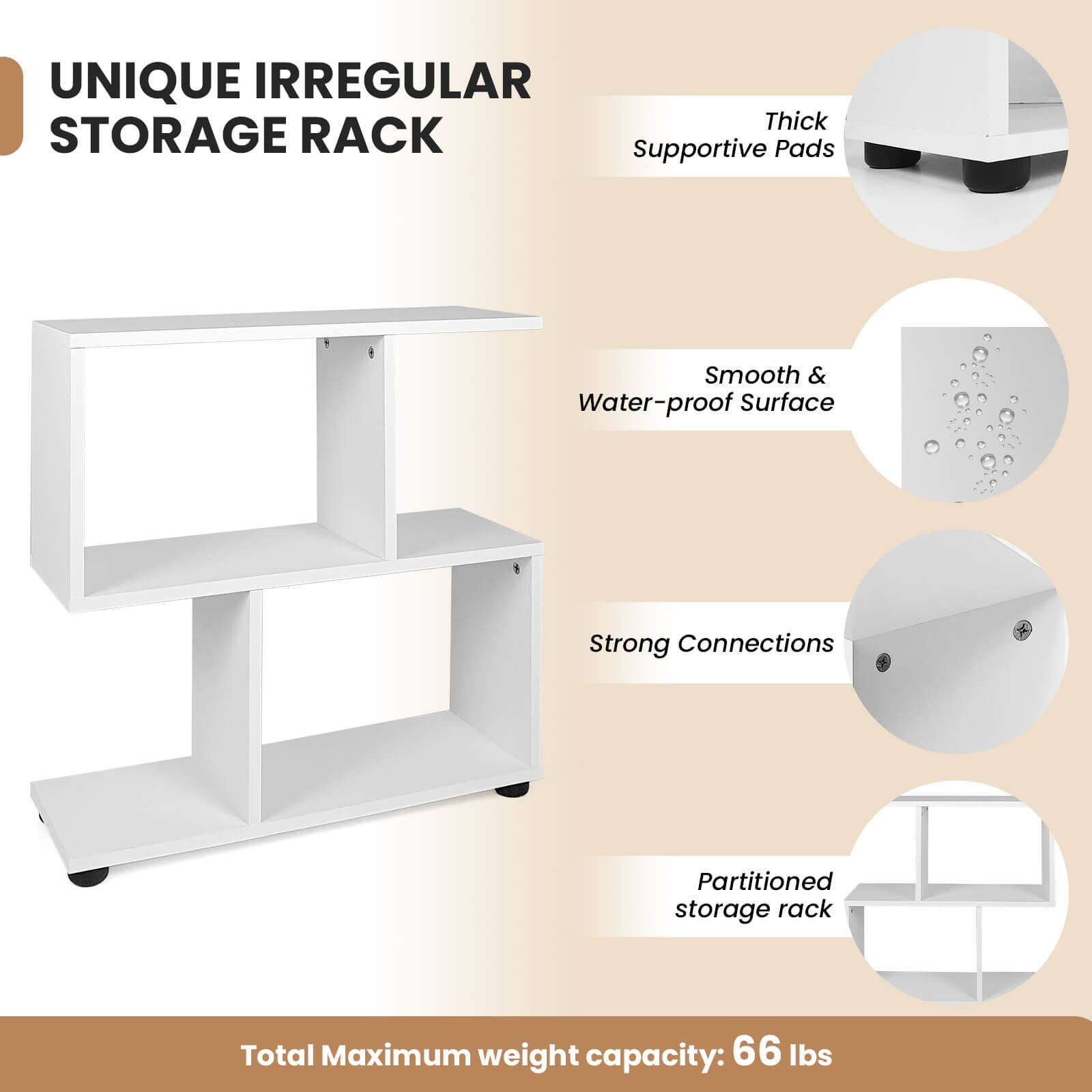 UNIQUE IRREGULAR STORAGE RACK Supportive Thick Pads Smooth & Water-proof Surface Strong Connections Partitioned storage rack Total Maximum weight capacity: 66 lbs