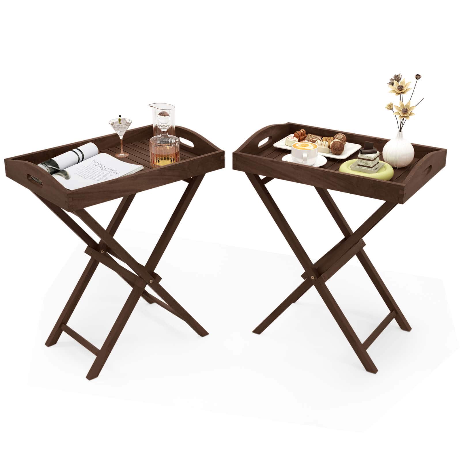 Costway - 2 PCS Solid Teak Wood Tray Table 28" High Folding Table with Removable Tray Top - Brown
