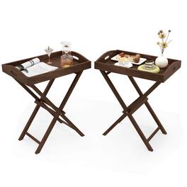 Costway - 2 PCS Solid Teak Wood Tray Table 28" High Folding Table with Removable Tray Top - Brown