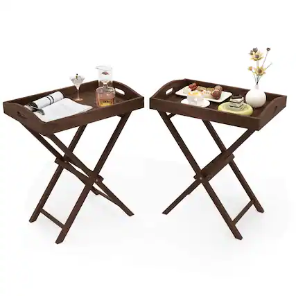 Front. Costway - Costway 2 PCS Solid Teak Wood Tray Table 28" High Folding Table with Removable Tray Top - Brown.