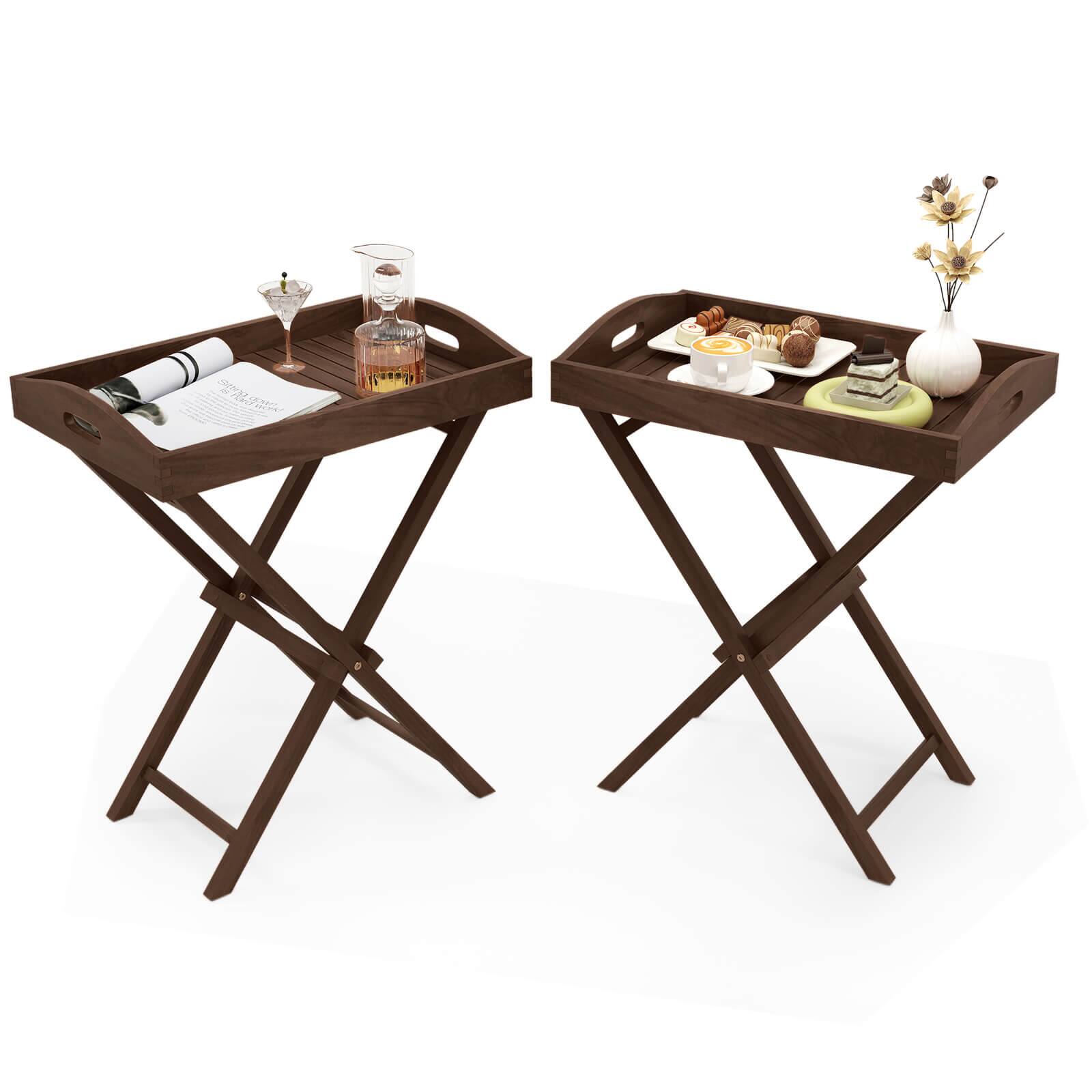 Front. Costway - Costway 2 PCS Solid Teak Wood Tray Table 28" High Folding Table with Removable Tray Top - Brown.