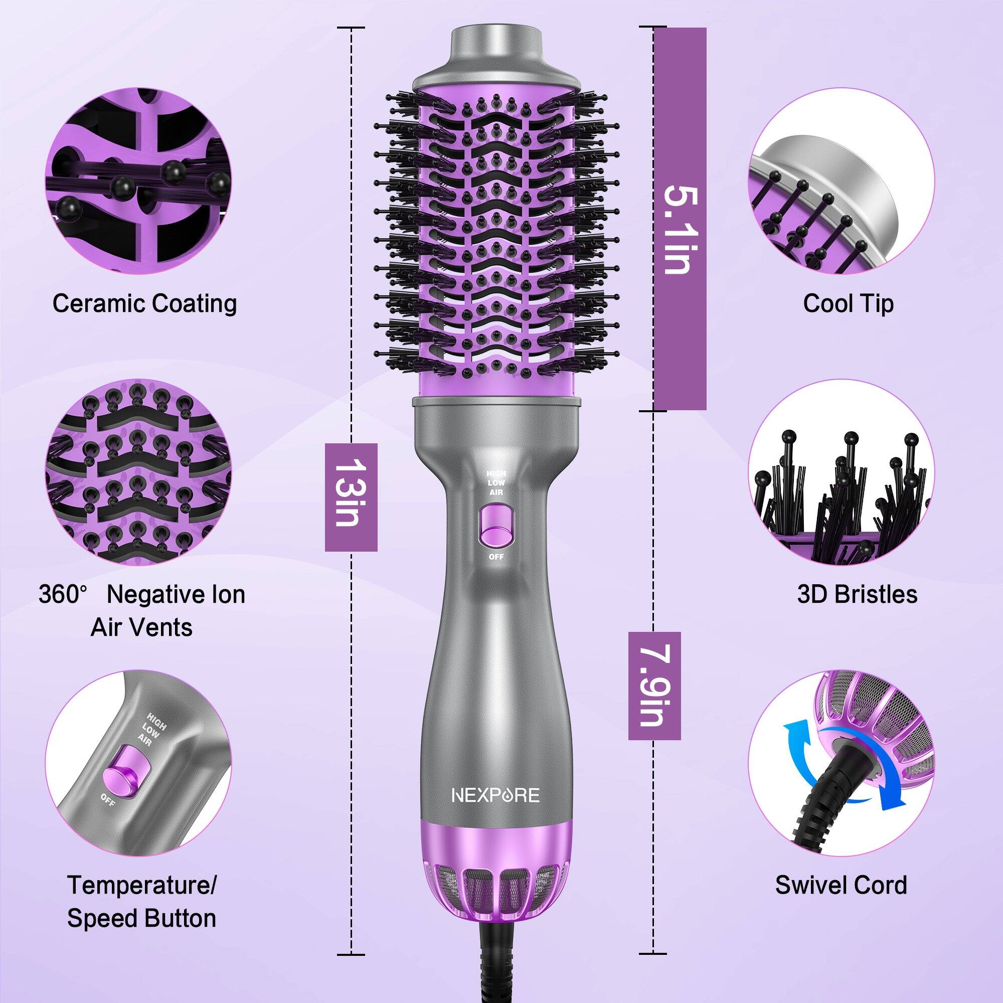 Ceramic Coating  
5.1in Cool Tip  
13in  
360° Negative Ion Air Vents  
3D Bristles  
Temperature/Speed Button  
Swivel Cord  
7.9in