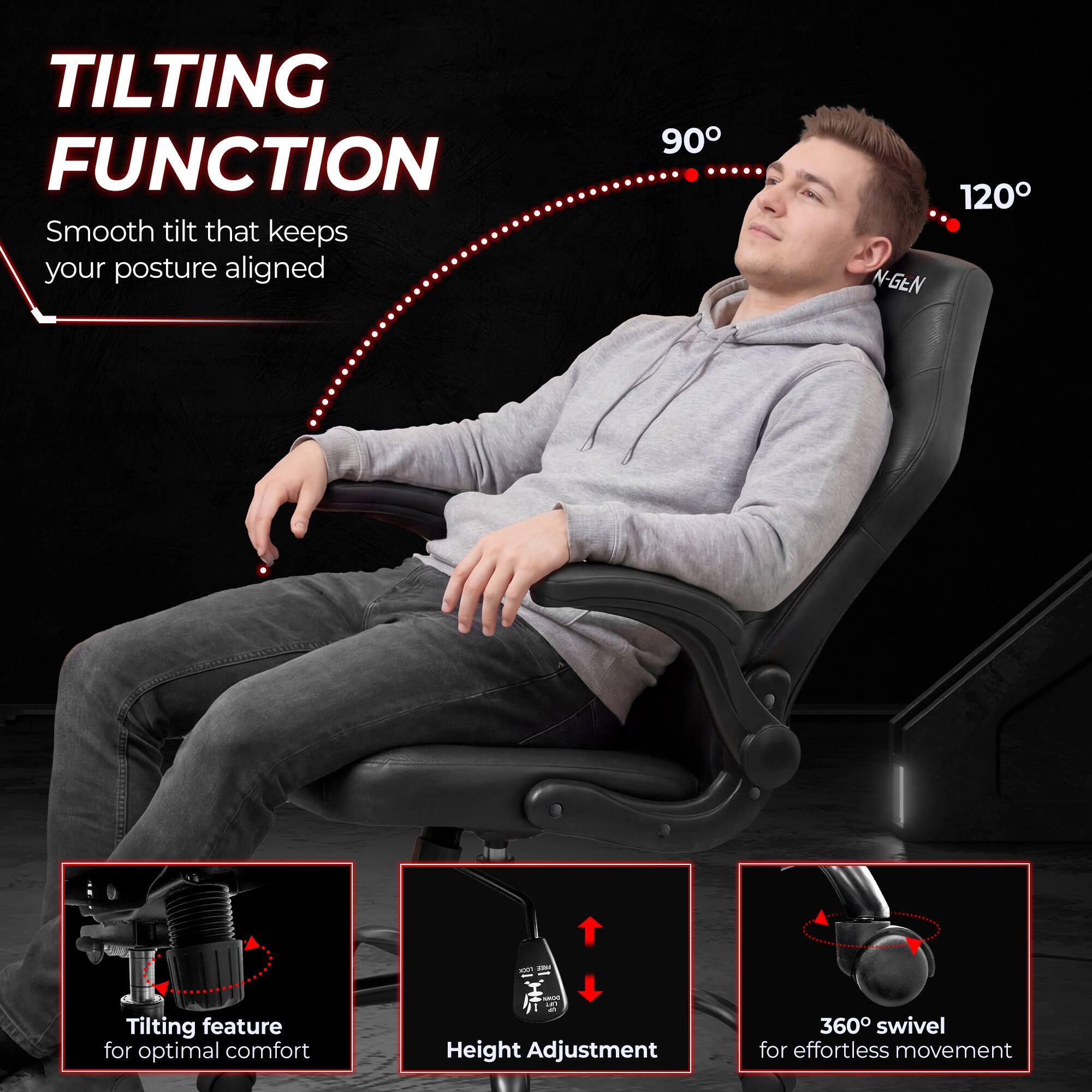 TILTING FUNCTION  
Smooth tilt that keeps your posture aligned  
90°  
120°  
N-GEN  

Tilting feature for optimal comfort  
Height Adjustment  
360° swivel for effortless movement