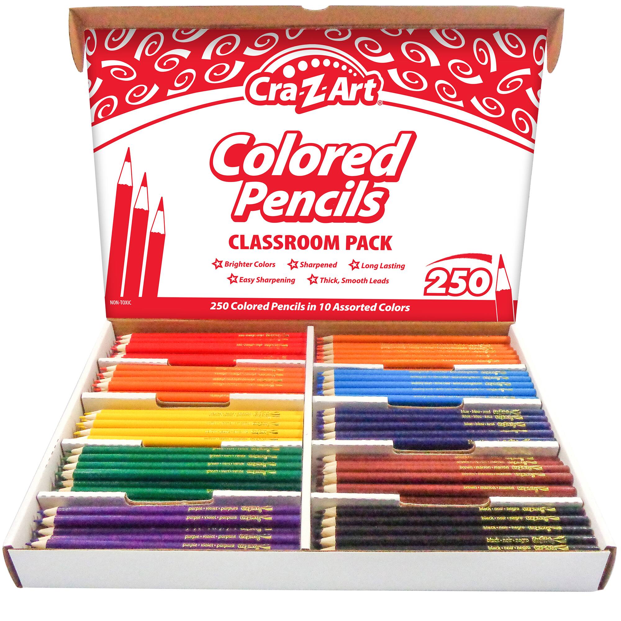 Cra-Z-Art Colored Pencils Classroom Pack:

* Brighter Colors
* Sharpened
* Long Lasting
* Easy Sharpening
* Thick, Smooth Leads
* 250 Colored Pencils in 10 Assorted Colors