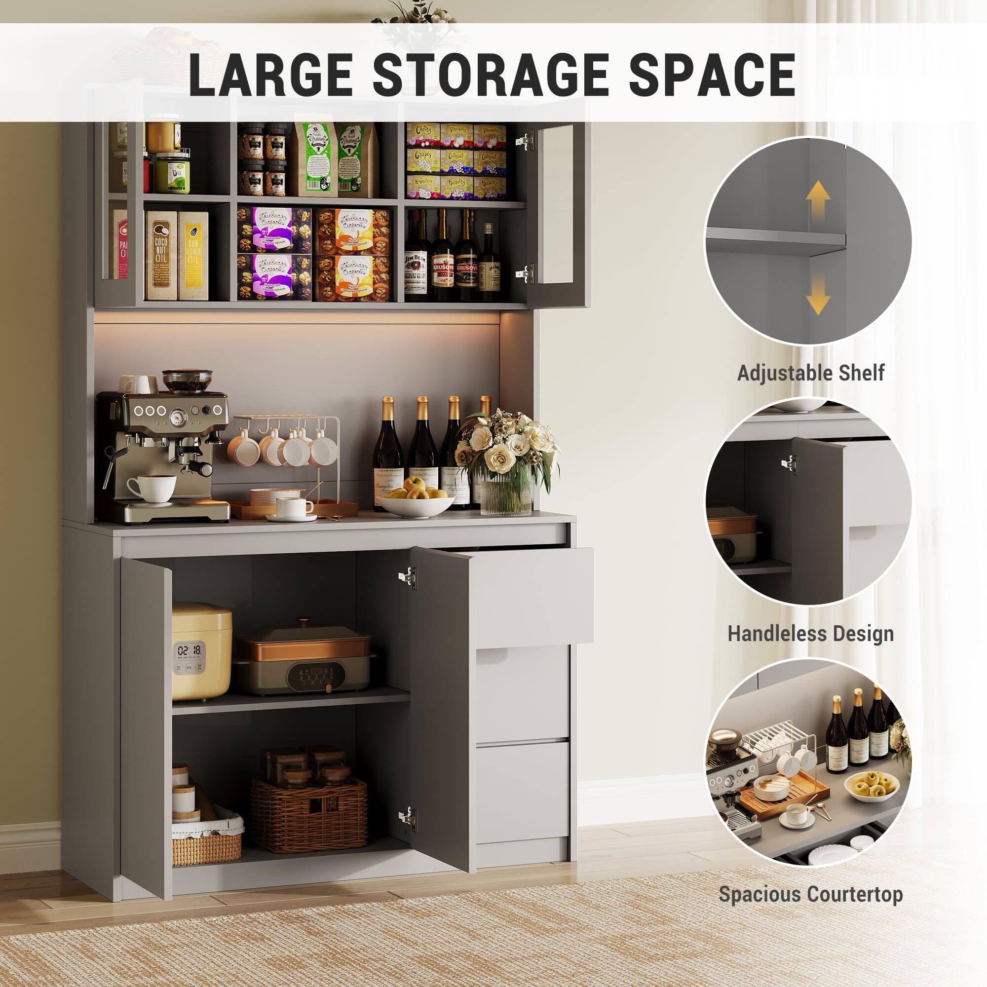 LARGE STORAGE SPACE

- Adjustable Shelf
- Handleless Design
- Spacious Courtertop
