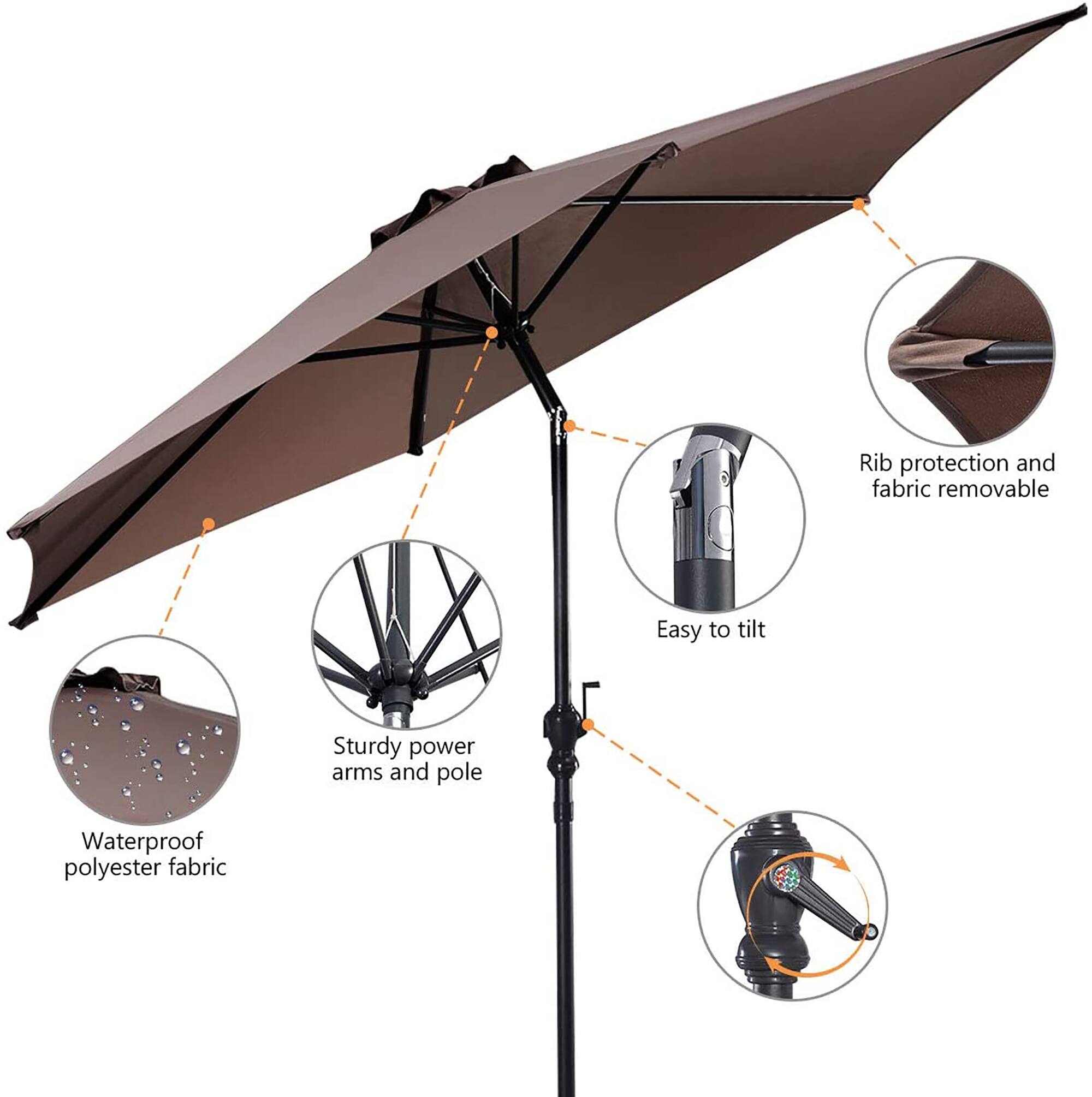 - Rib protection and fabric removable
- Easy to tilt
- Sturdy power arms and pole
- Waterproof polyester fabric