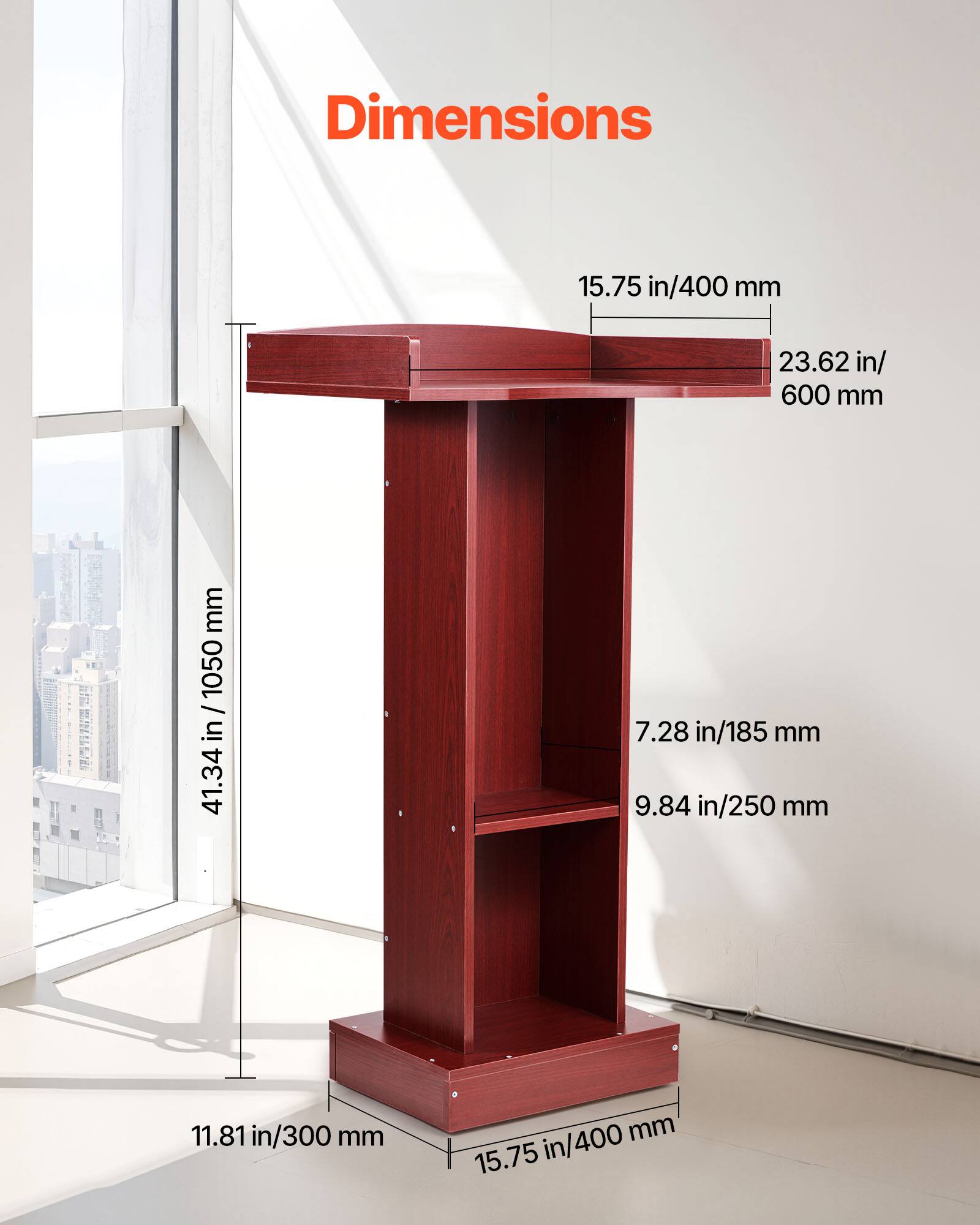 Dimensions

- 15.75 in / 400 mm
- 23.62 in / 600 mm
- 41.34 in / 1050 mm
- 7.28 in / 185 mm
- 9.84 in / 250 mm
- 11.81 in / 300 mm
- 15.75 in / 400 mm