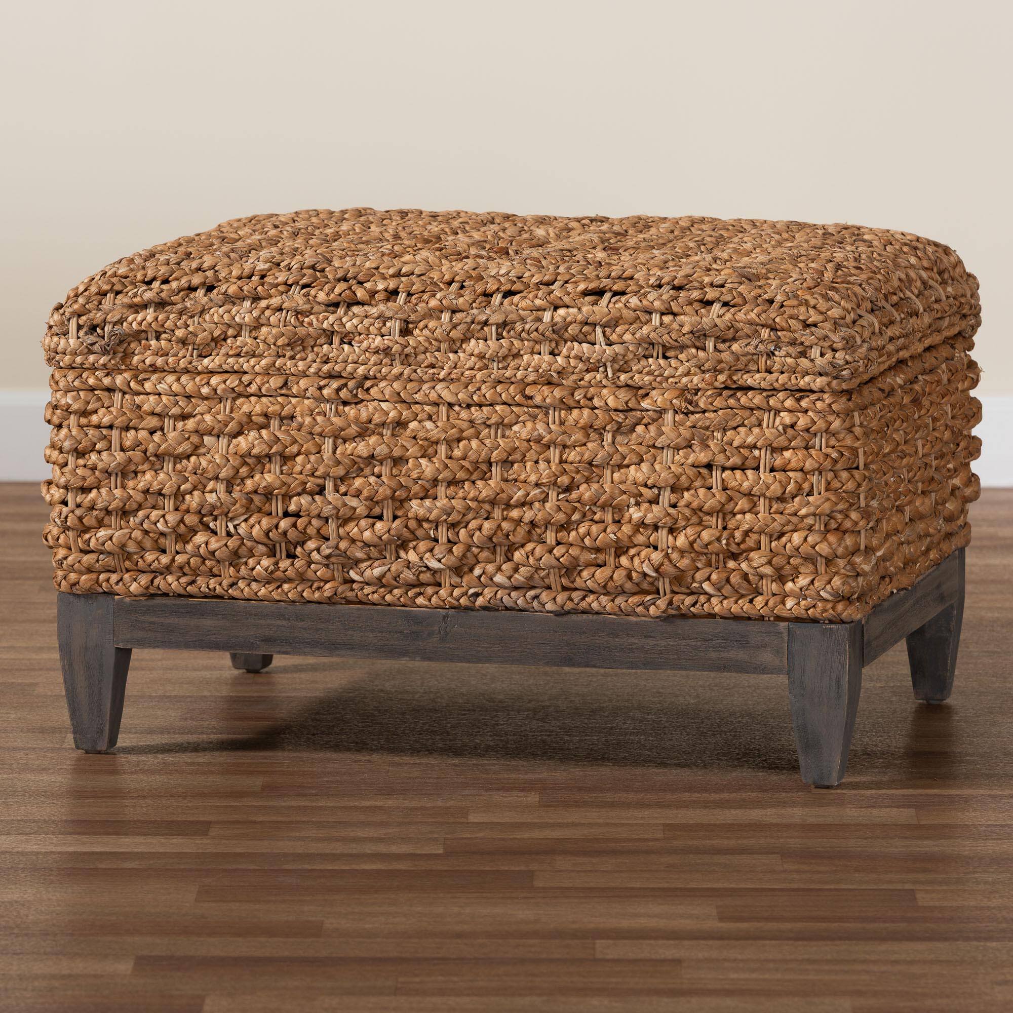 Alt View 6. bali & pari - Bailey Handwoven Seagrass Storage Ottoman with Lift-Top Lid – Rustic Wicker Trunk - Natural Brown/Espresso Brown.