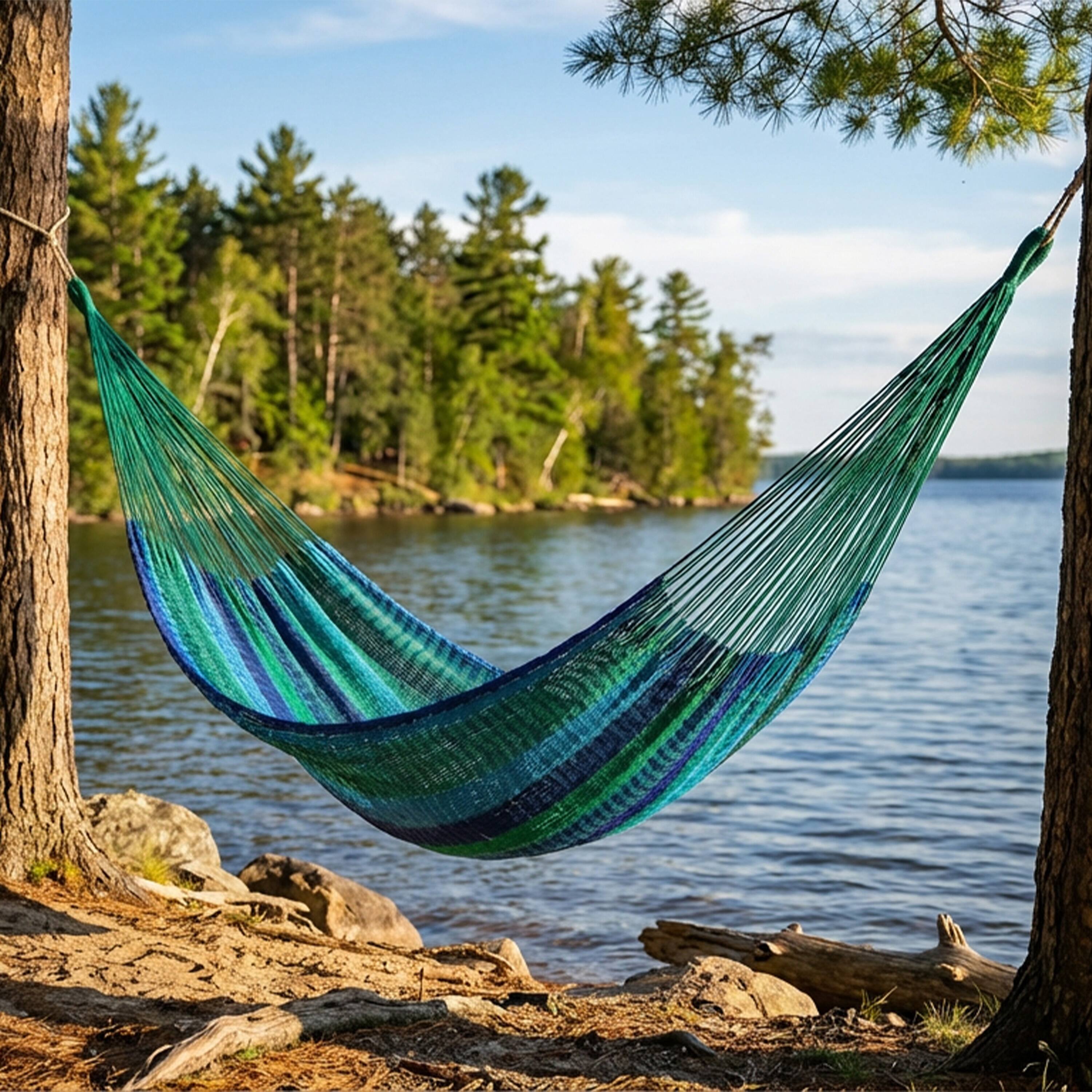 Alt View 8. Sunnydaze - 2-Person Cotton and Nylon Woven Mayan Hammock - Tropical Lagoon.