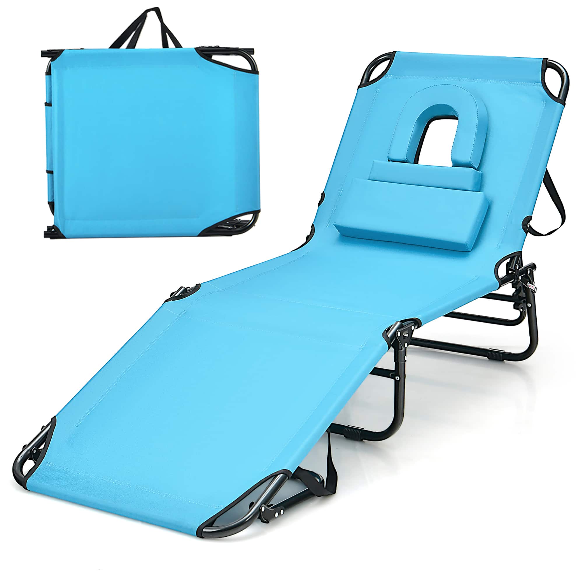 Gymax - Beach Chaise Lounge Chair w/ 5-Position Adjustable Backrest & Face Hole Pillows - Navy