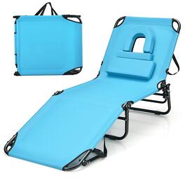 Gymax - Beach Chaise Lounge Chair w/ 5-Position Adjustable Backrest & Face Hole Pillows - Navy