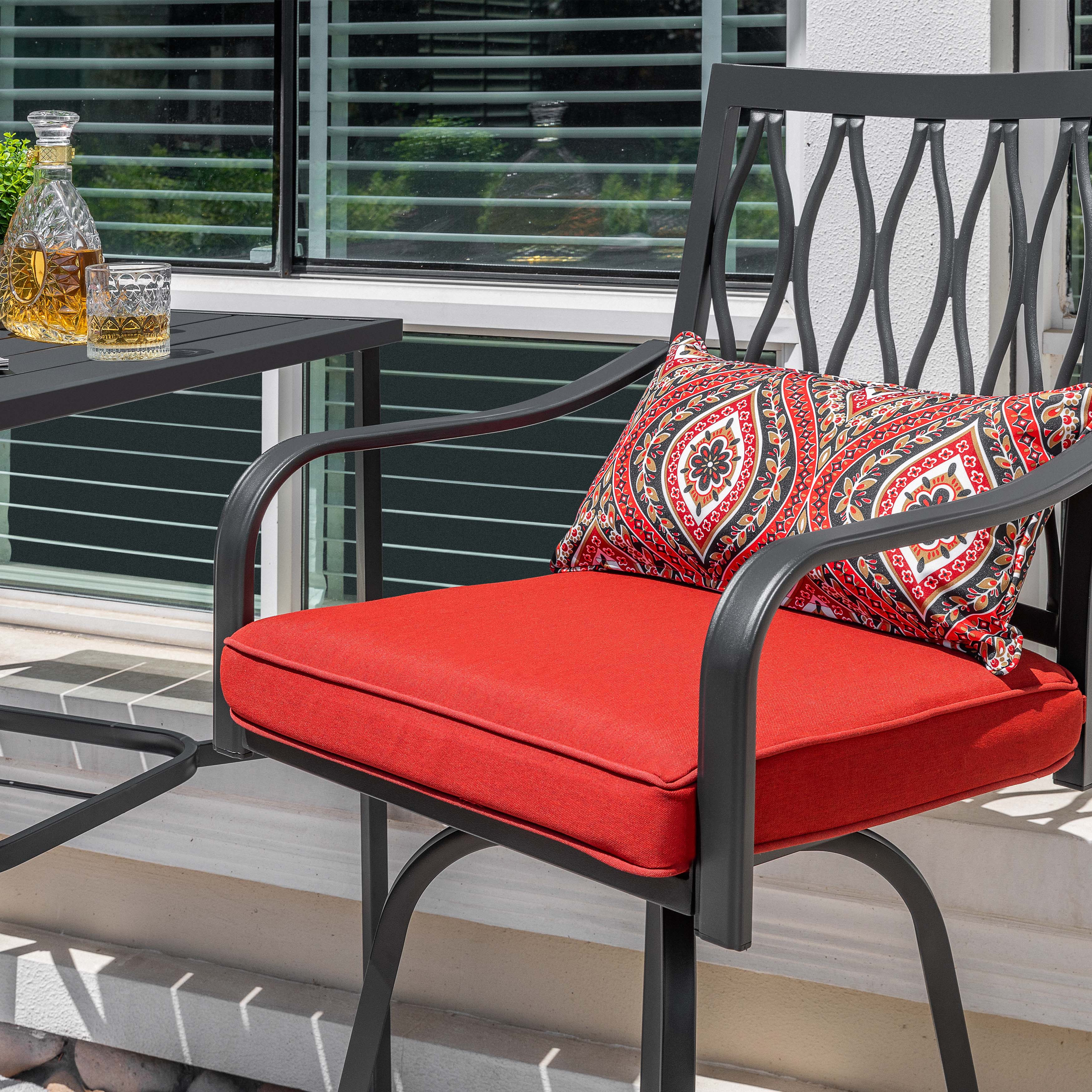 Alt View 7. Nuu Garden - Outdoor 5PCS Metal Swivel Bar Set with Umbrella Hole and Padded Cushions - Black and Red.