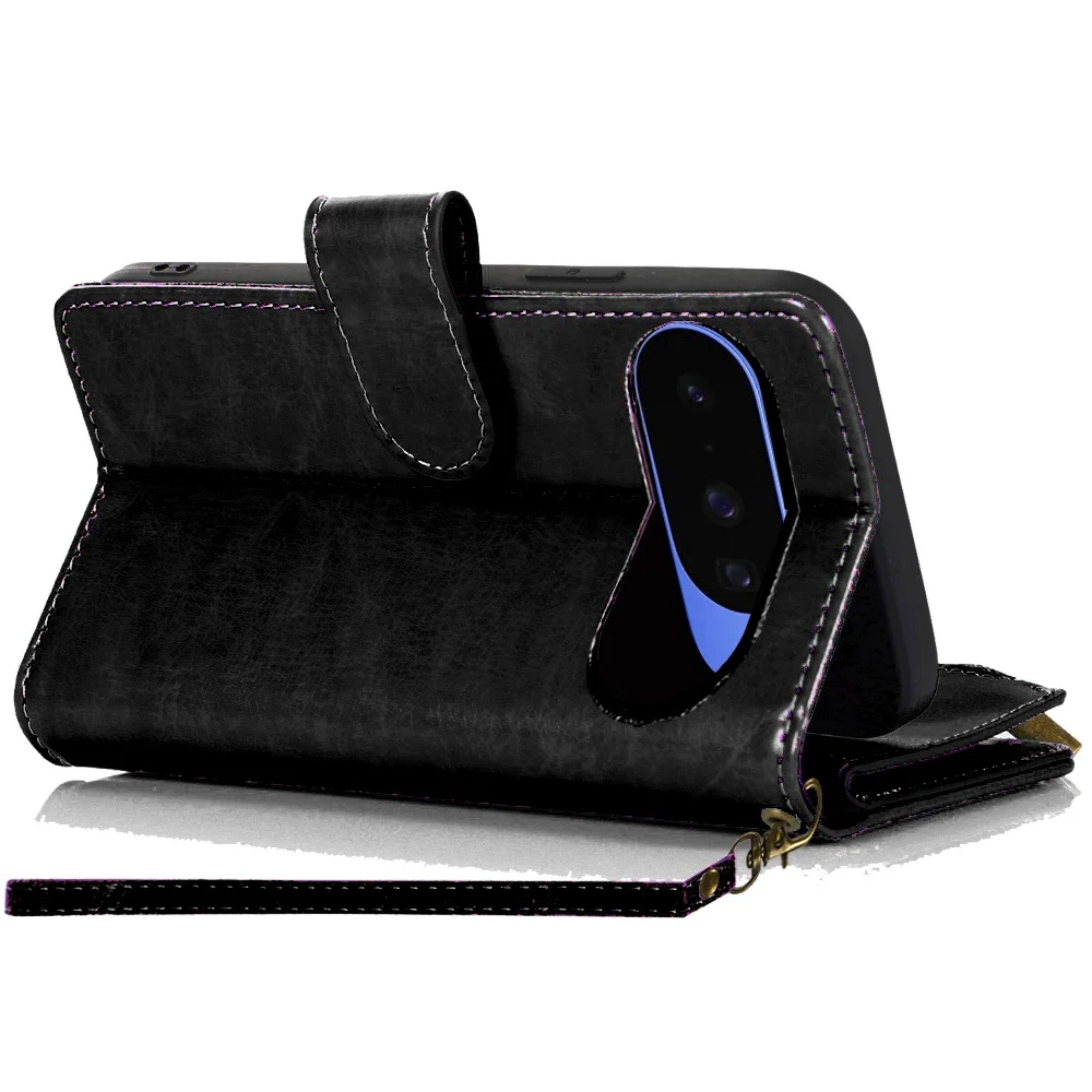 Left. Kitcheniva - Luxury Phone Wallet with Zipper Plus Tempered Glass For Google Pixel 10/10 Pro Black - Black.