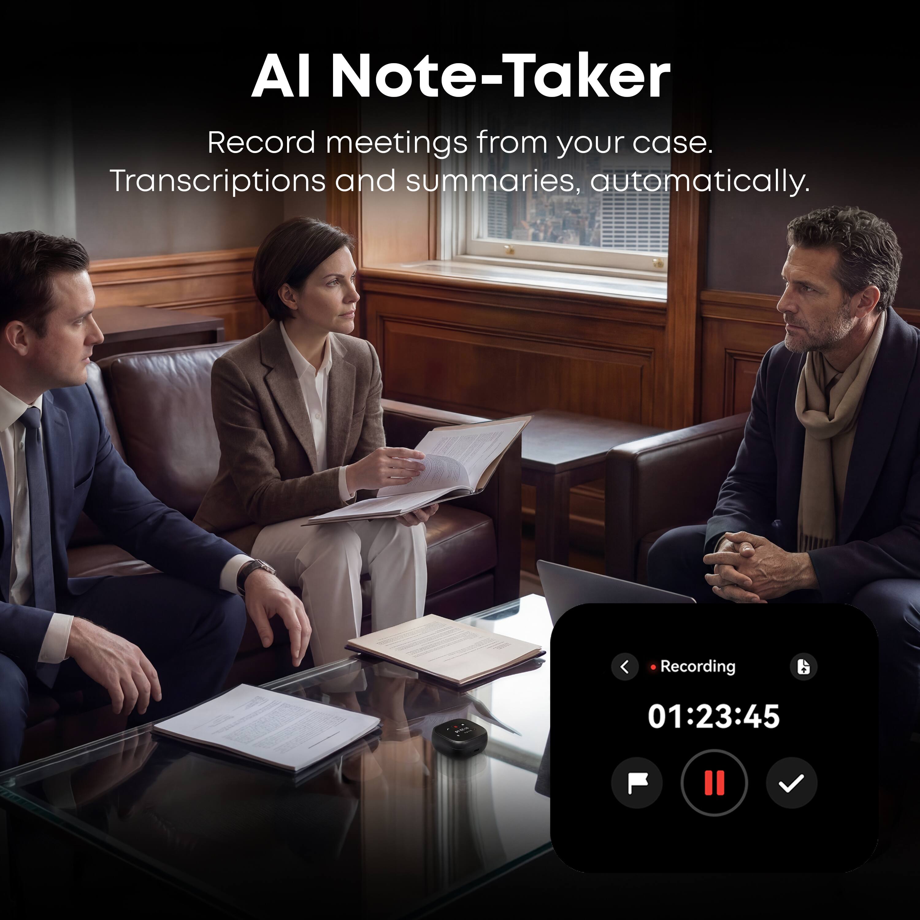 AI Note-Taker  
Record meetings from your case.  
Transcriptions and summaries, automatically.  

Recording  
01:23:45