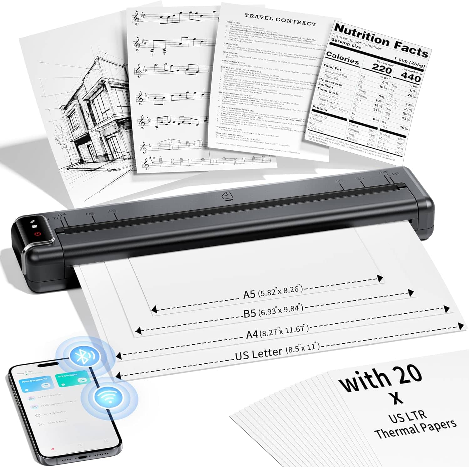 **TRAVEL CONTRACT**
**Nutrition Facts**
**2 servings per container**
**Serving size 1 cup (255g)**
**Calories 220**
**Calories from Fat 440**
**% Daily Value***
**Total Fat 5g**
**Saturated Fat 1g**
**Trans Fat 0g**
**Cholesterol 0mg**
**Sodium 550mg**
**Total Carbohydrate 45g**
**Dietary Fiber 5g**
**Total Sugars 13g**
**Includes 9g Added Sugars**
**Protein 13g**
**Vitamin D 0mcg 0%**
**Calcium 120mg 10%**
**Iron 8mg 40%**
**Potassium 490mg 14%**
***The % Daily Value tells you how much a nutrient in a serving of food contributes to a daily diet. 2,000 calories a day is used for general nutrition advice.**
**US Letter with 20 x US LTR Thermal Papers**
**A5 (