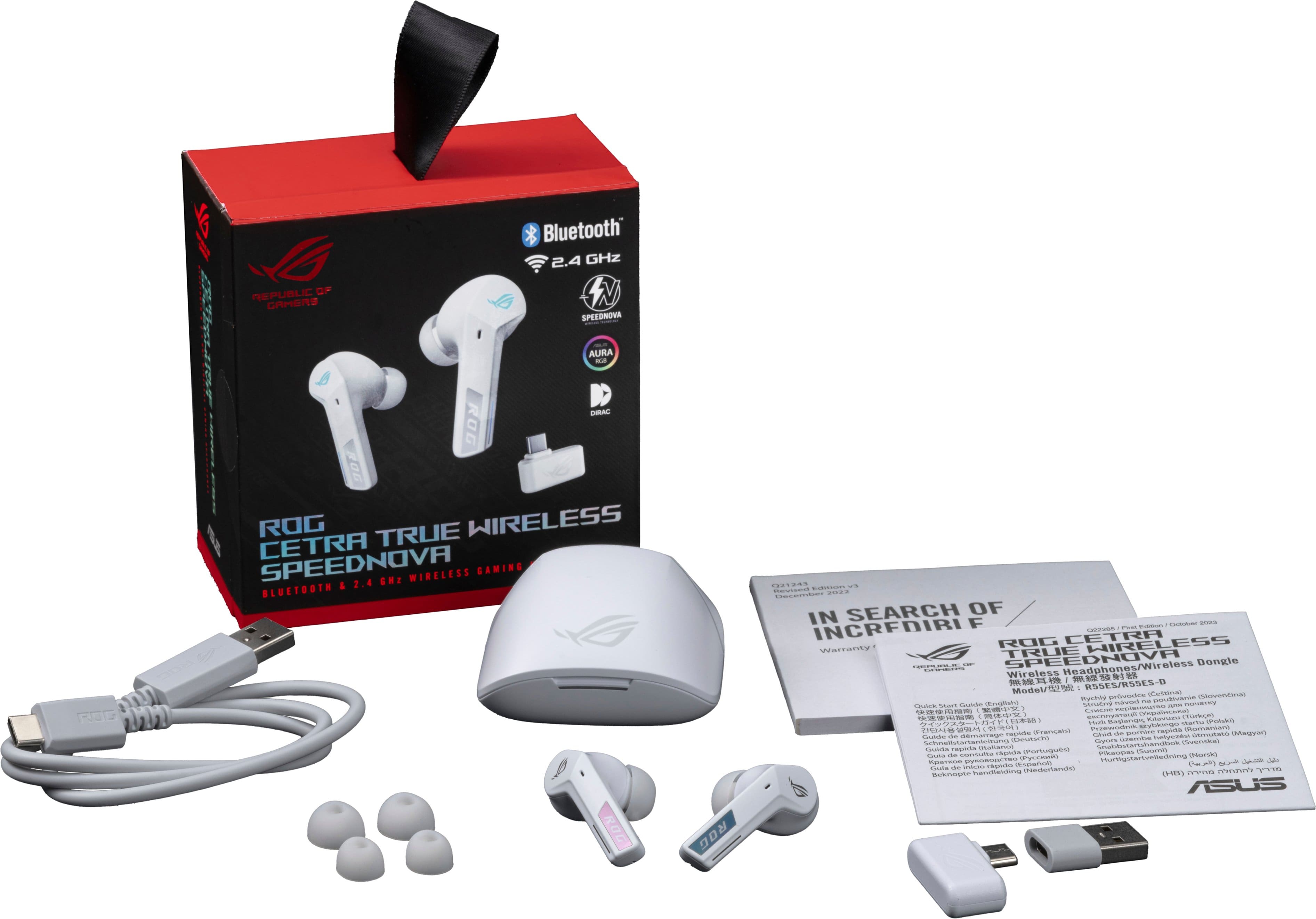 The image features a box containing a pair of Asus ROG True Wireless earphones, along with a dongle and a USB cable. The earphones are white and black, and they are designed for gaming and wireless connectivity. The box also includes a user manual and a warranty card, providing information on how to use and maintain the earphones. The overall setup suggests that the user can enjoy a seamless and immersive gaming experience with these high-quality earphones.