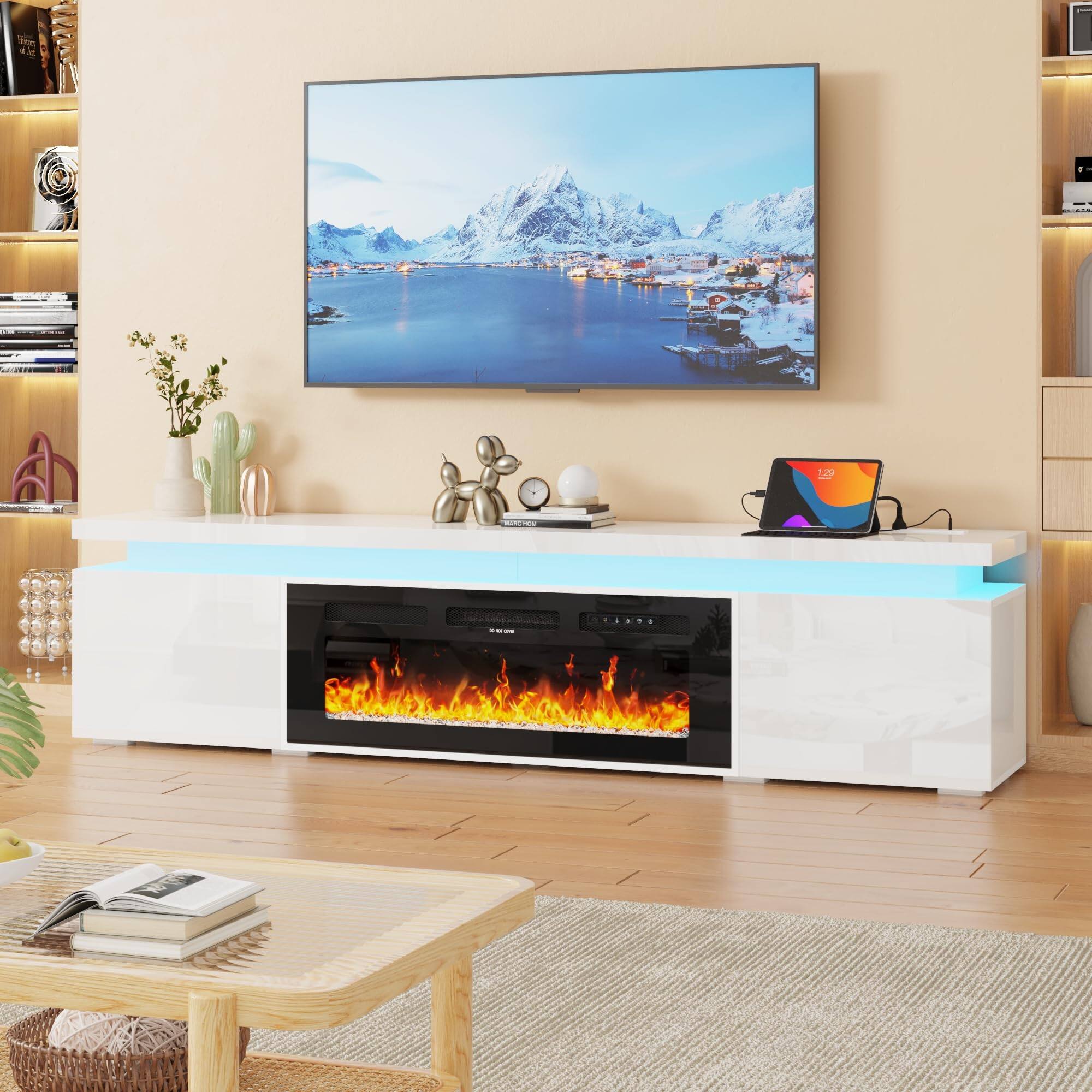 Angle. Lent Glitter Wood - 71inch Modern Fireplace TV Stand with Power Outlet Storage for up to 80" TVs - white.