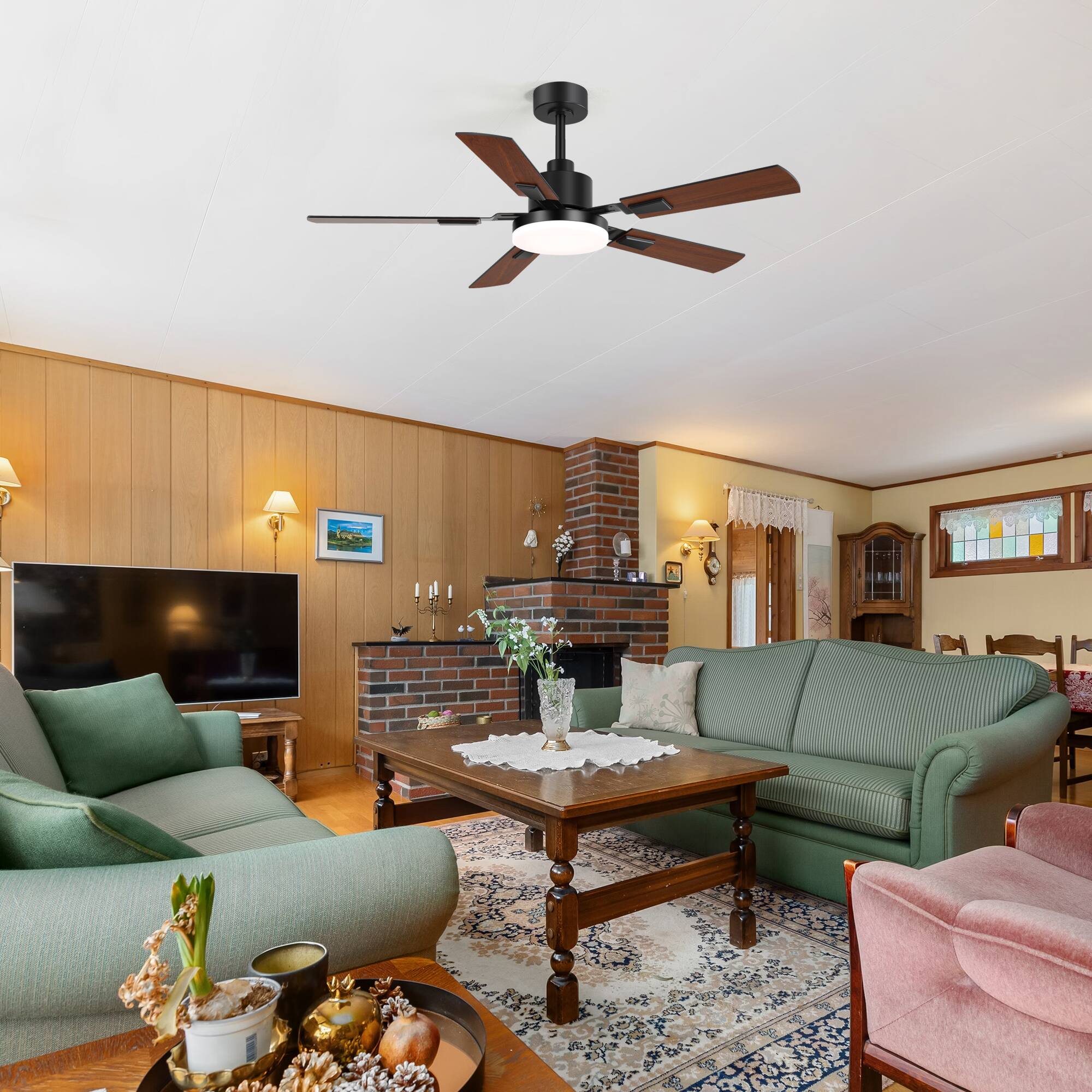 Alt View 2. Breezary - 52-in Indoor Ceiling Fan with Light, DC Motor, 6-Speed Remote, 3-Color LED, Reversible Blades, 5"/10" Downrods - Black and Wood Finish.