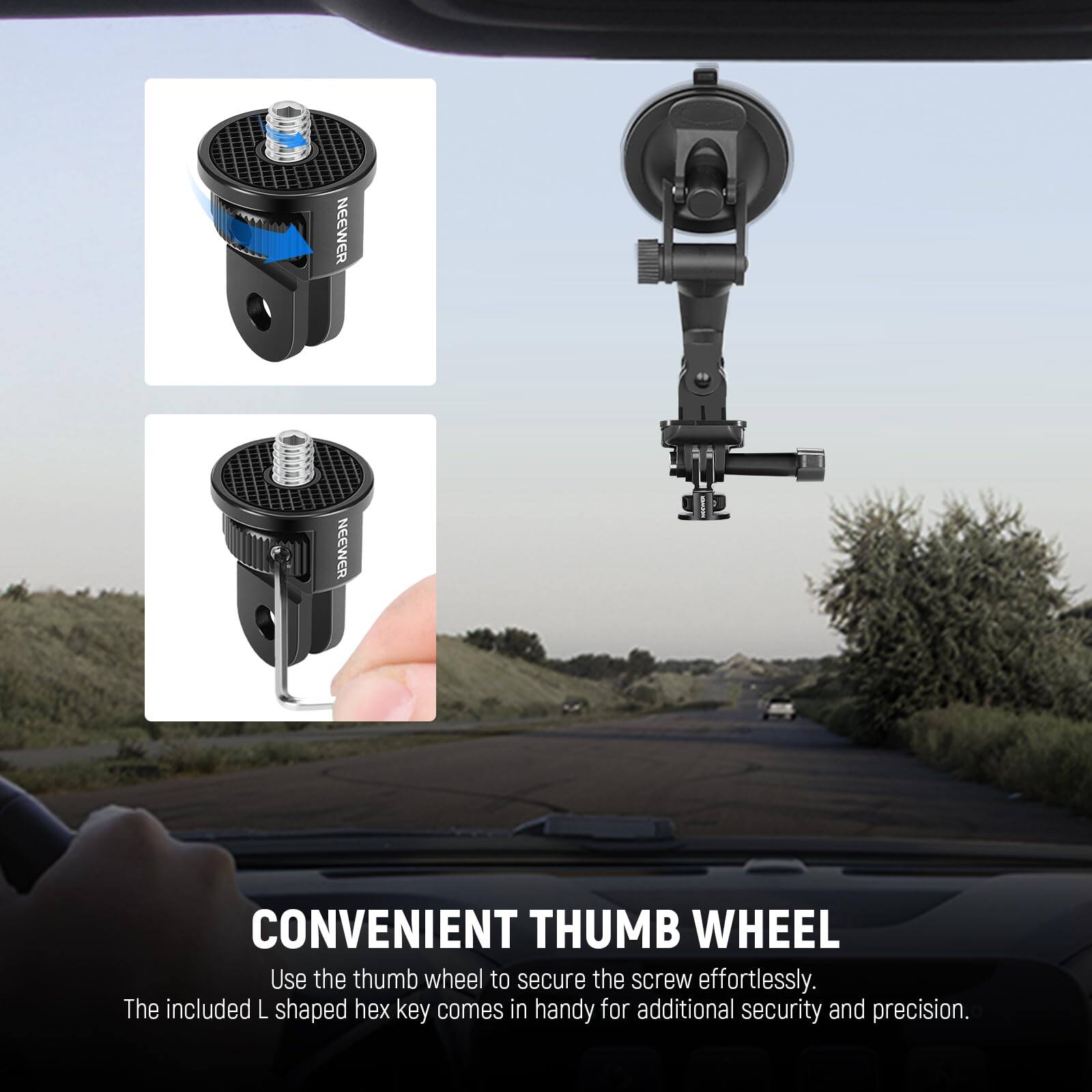 NEEWER HOMEON CONVENIENT THUMB WHEEL

Use the thumb wheel to secure the screw effortlessly. The included L shaped hex key comes in handy for additional security and precision.