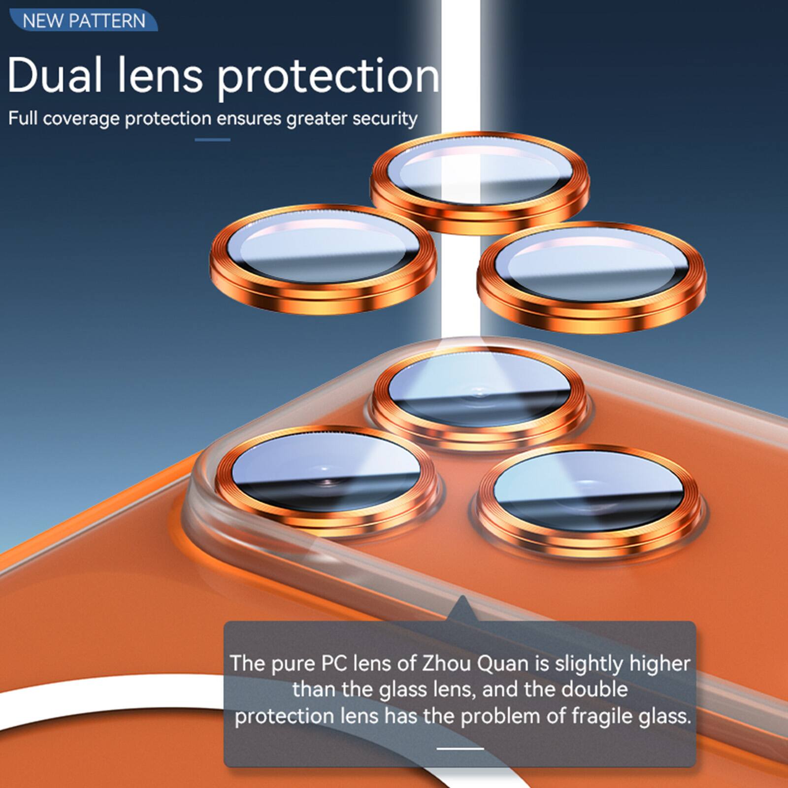 NEW PATTERN

Dual lens protection

Full coverage protection ensures greater security

The pure PC lens of Zhou Quan is slightly higher than the glass lens, and the double protection lens has the problem of fragile glass.