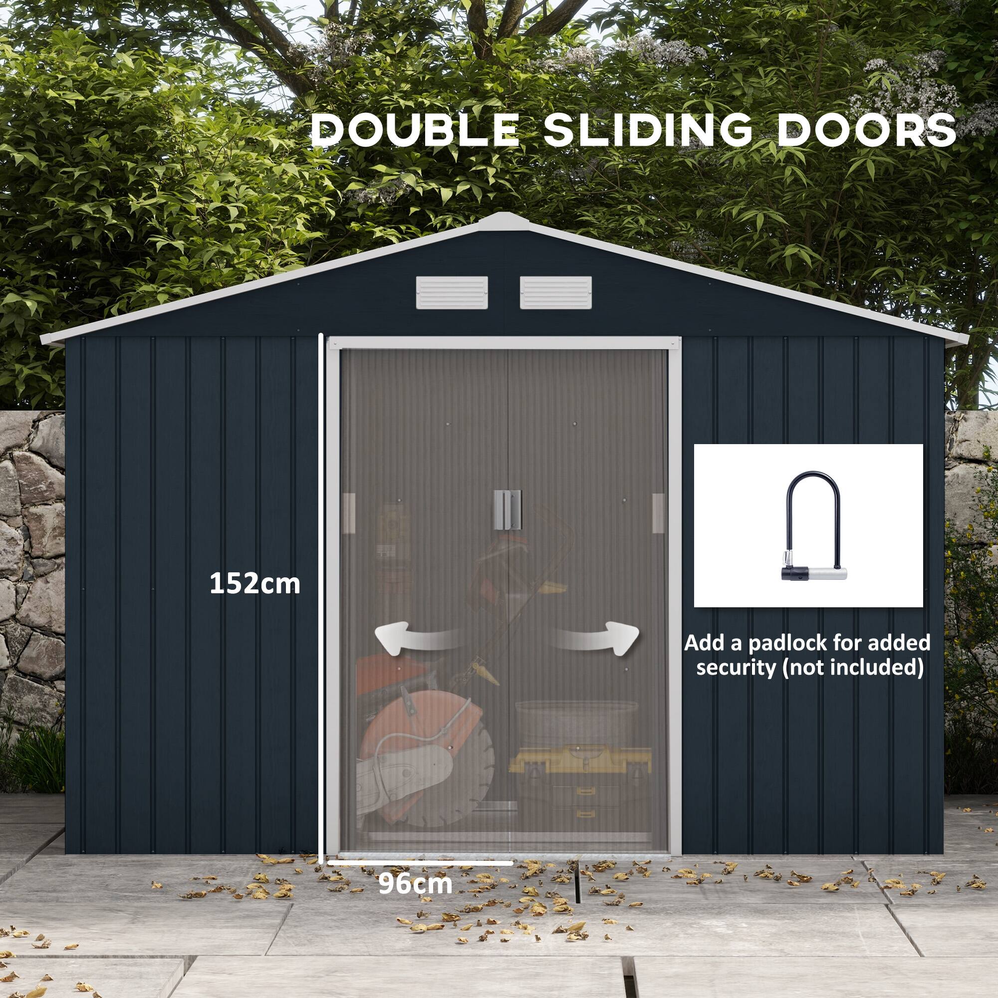 The text on the image reads: "Double Sliding Doors 152cm Add a padlock for added security (not included) 96cm."