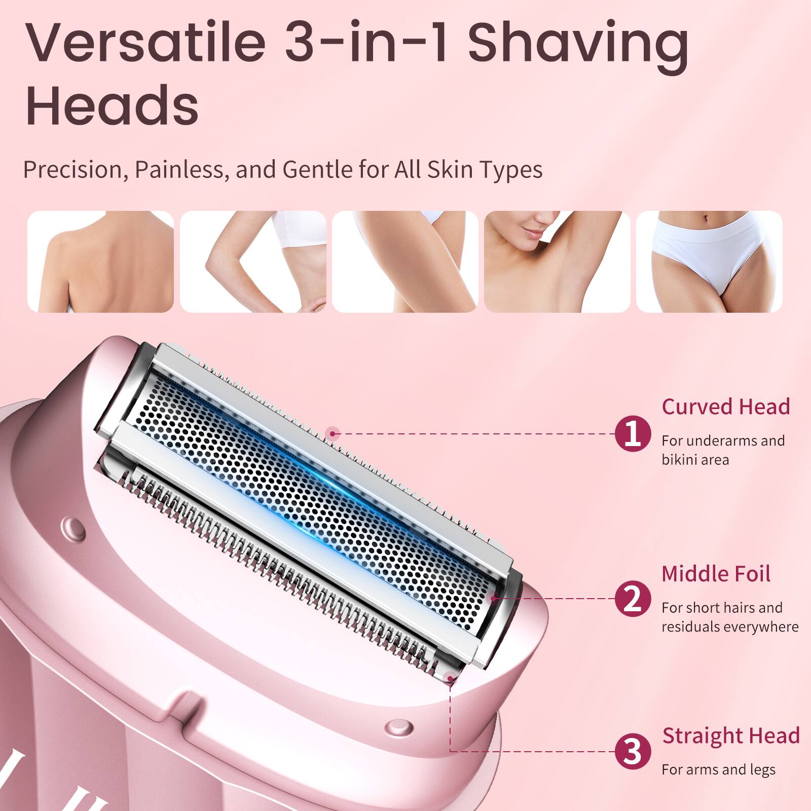 Versatile 3-in-1 Shaving Heads

Precision, Painless, and Gentle for All Skin Types

1. Curved Head
   - For underarms and bikini area

2. Middle Foil
   - For short hairs and residuals everywhere

3. Straight Head
   - For arms and legs