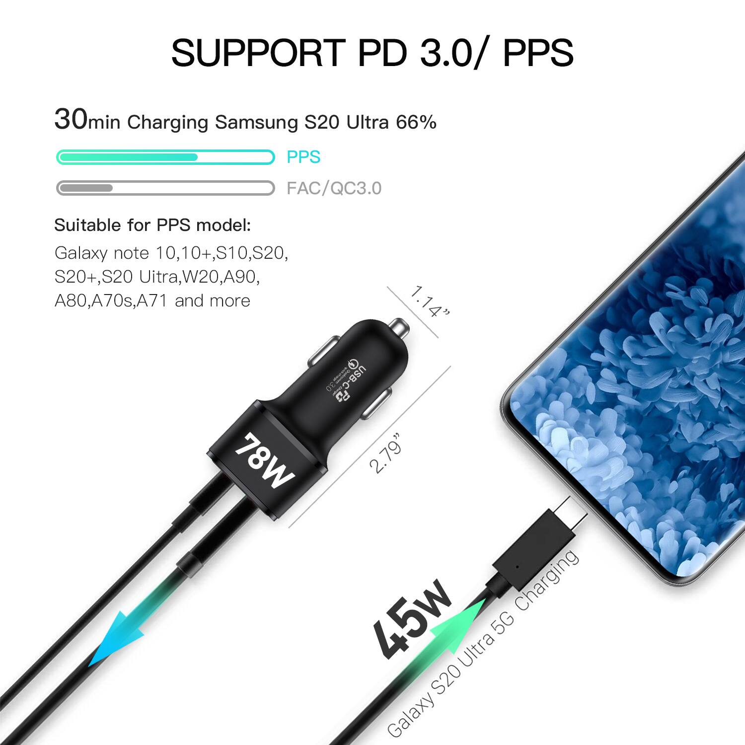 Support PD 3.0/PPS 30min Charging Samsung S20 Ultra 66% PPS FAC/QC3.0 Suitable for PPS model: Galaxy Note 10, 10+, S10, S20, S20+, S20 Ultra, A90, A90 5G, A80, A70s, A71 and more. 1.14" I B-cP USB 3.0 2. 78W 2. 79" Charging 45W Ultra 5G S20 Galaxy.