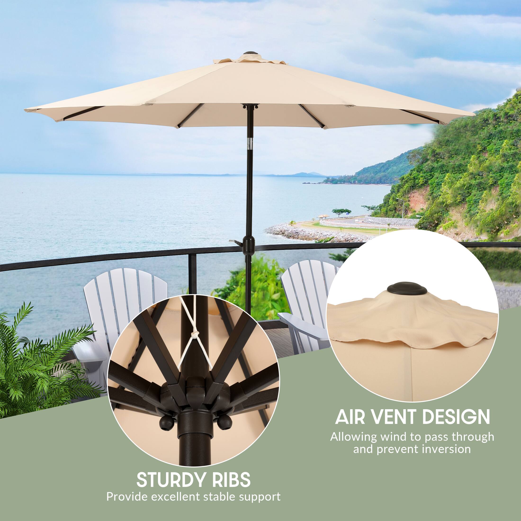 AIR VENT DESIGN  
Allowing wind to pass through and prevent inversion  

STURDY RIBS  
Provide excellent stable support