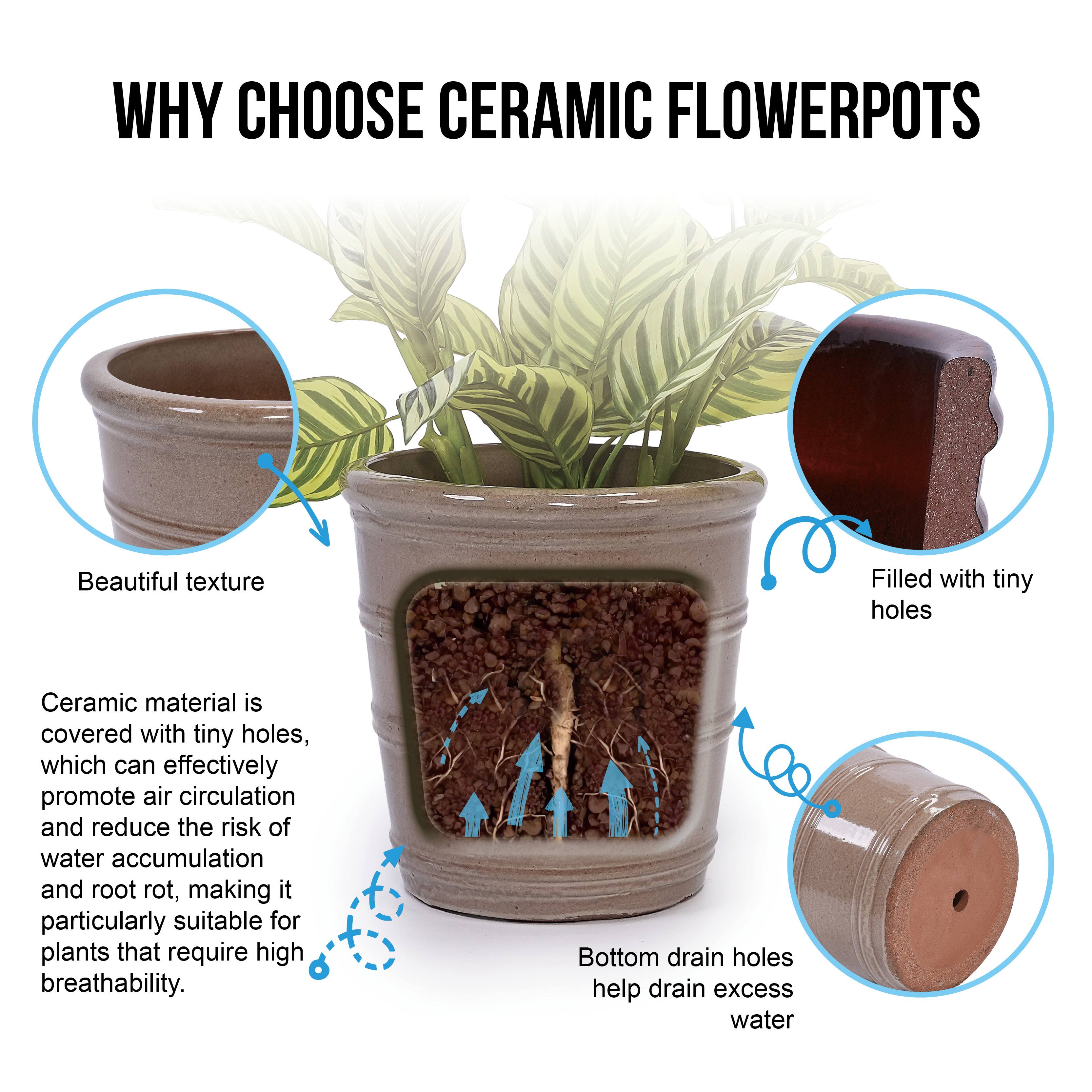 WHY CHOOSE CERAMIC FLOWER POTS

Beautiful texture

Ceramic material is covered with tiny holes, which can effectively promote air circulation and reduce the risk of water accumulation and root rot, making it particularly suitable for plants that require high breathability.

Filled with tiny holes

Bottom drain holes help drain excess water