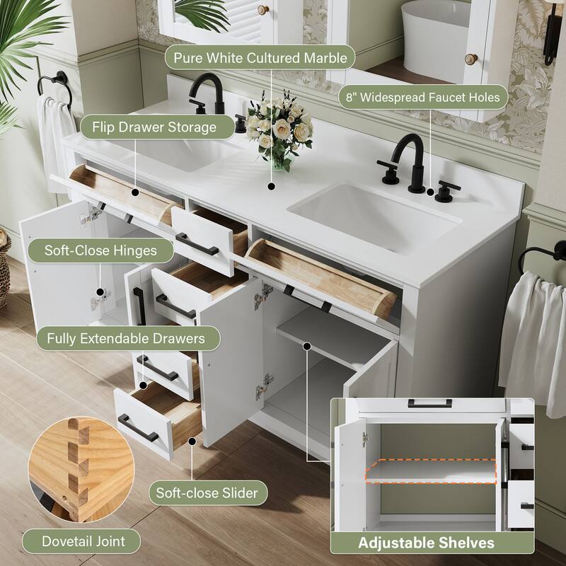 Pure White Cultured Marble  
8" Widespread Faucet Holes  
Flip Drawer Storage  
Soft-Close Hinges  
Fully Extendable Drawers  
Soft-close Slider  
Dovetail Joint  
Adjustable Shelves