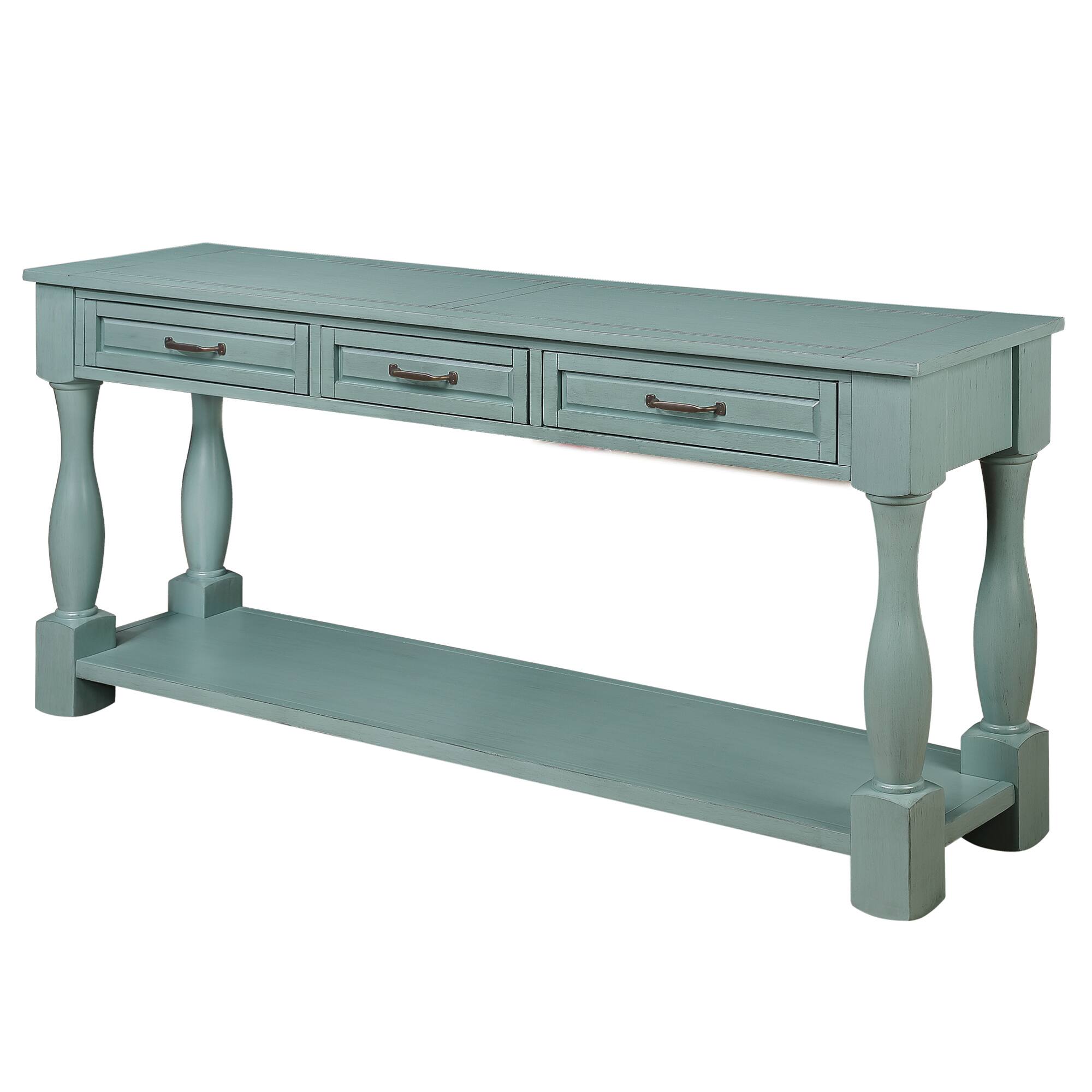 Alt View 10. GOODSILO - Extra-Long Wooden Console Table with Three Drawers and Bottom Shelf for Entryway or Hallway Use - Retro Blue.