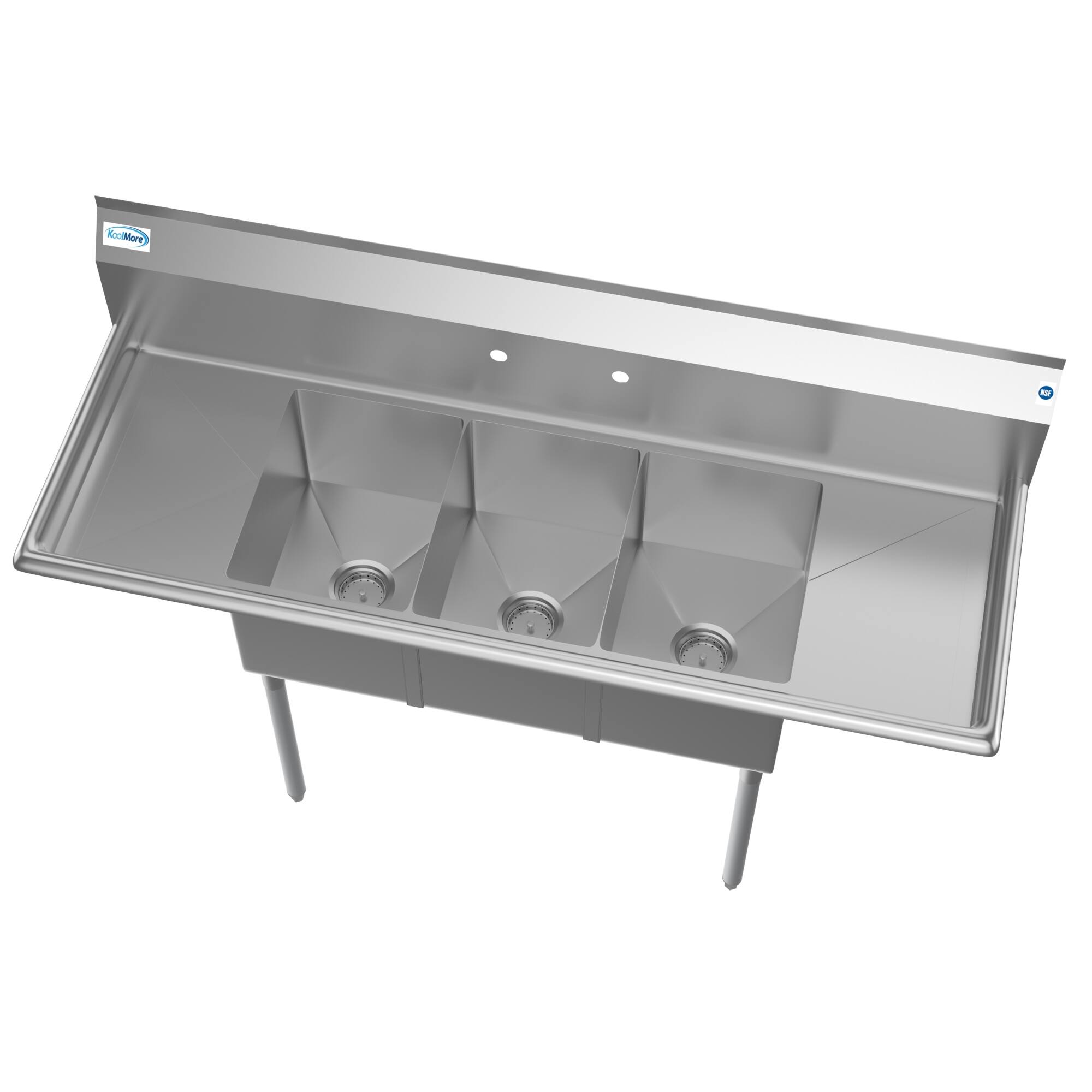 Angle. Koolmore - 60 in. Three Compartment Stainless Steel  Sink With Drainboards, Bowl Size 12"x 16"x 10" SC121610-12B3. - Stainless Steel.