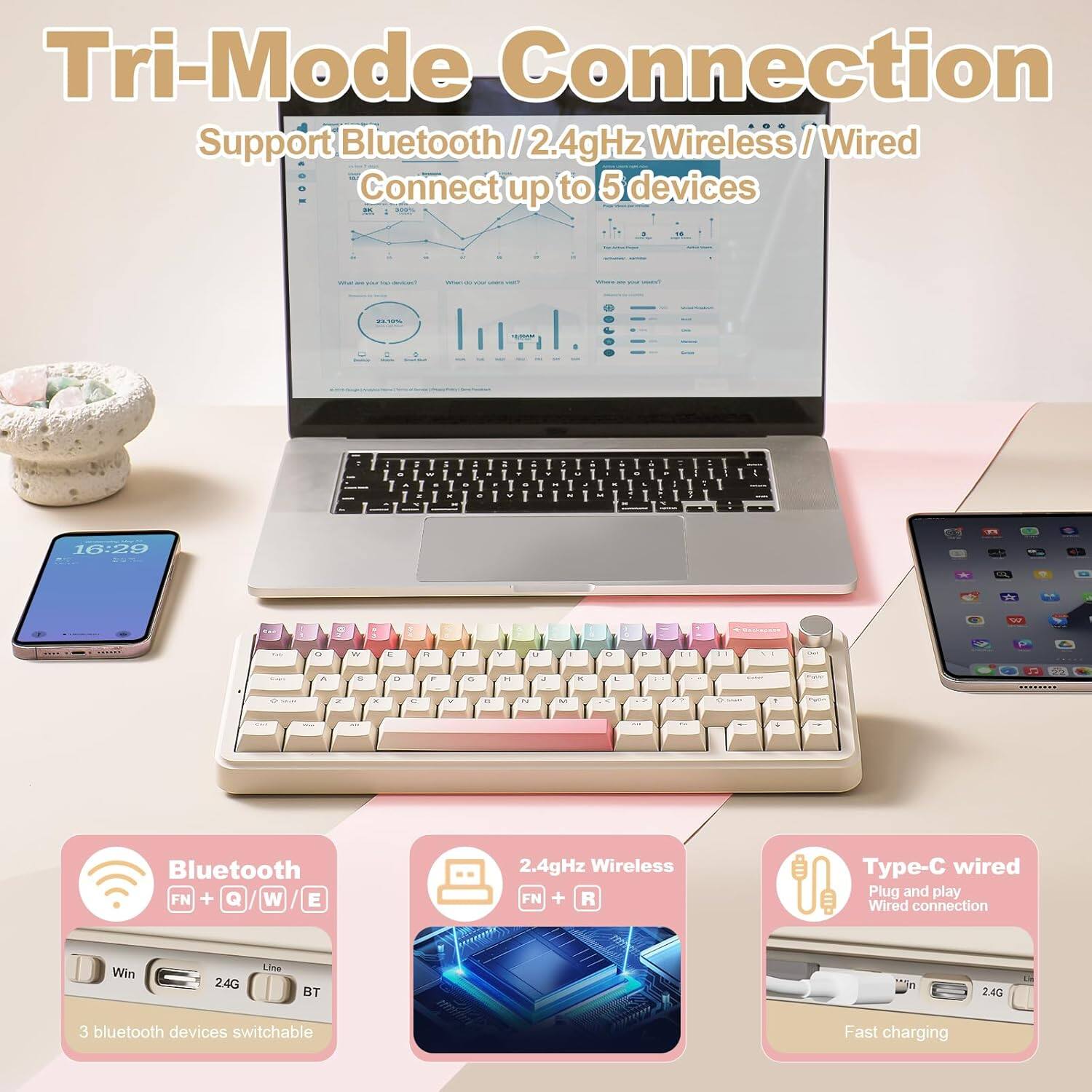Tri-Mode Connection Support: Bluetooth, 2.4GHz Wireless, Wired. Connect up to 5 devices.

- Bluetooth: FN + Q/W/E
- 2.4GHz Wireless: FN + R
- Type-C Wired: Plug and play, wired connection

Features:
- 3 Bluetooth devices switchable
- Fast charging