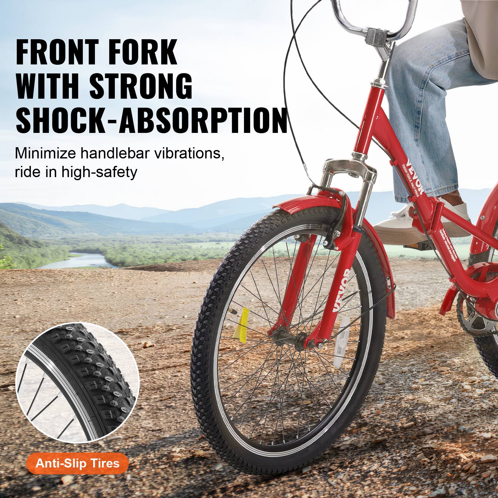 FRONT FORK WITH STRONG SHOCK-ABSORPTION, Minimize handlebar vibrations, ride in high-safety, Anti-Slip Tires