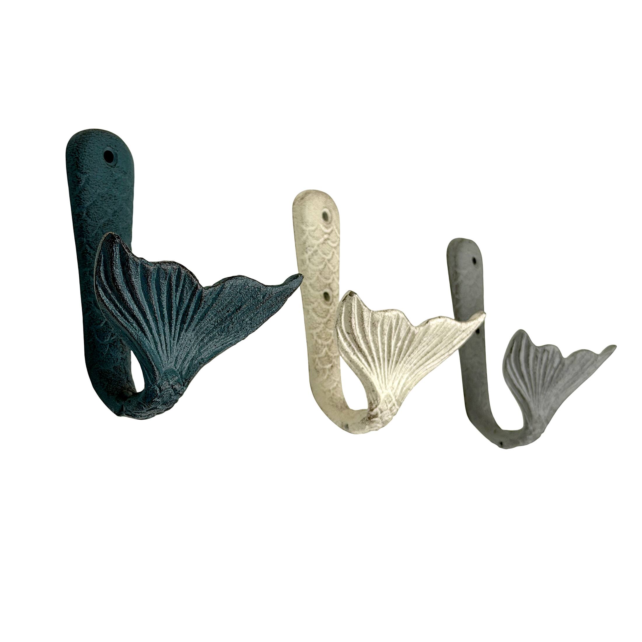 Alt View 1. Zeckos - Set of 3 Cast Iron Mermaid Tail Wall Hooks Distressed Blue Gray White 5 Inch - Multicolored.