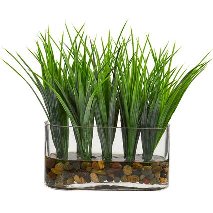 Front. BreeBe - 9" Vanilla Grass Artificial Plant in Oval Vase - Green.