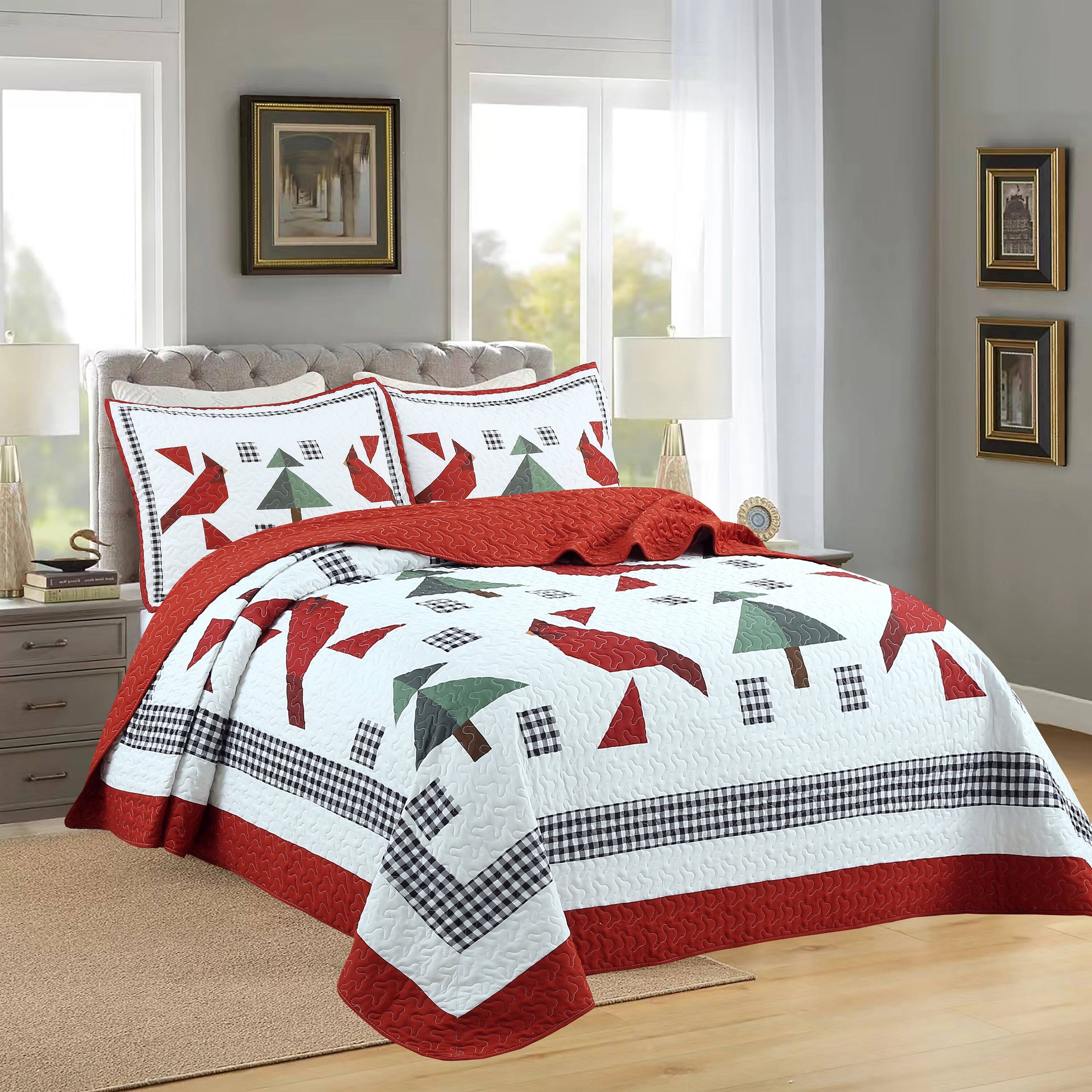 Left. MarCielo - MarCielo 3-Piece Winter Red Cardinals Christmas King Size Quilt Bedspread Set ME509 - Red.