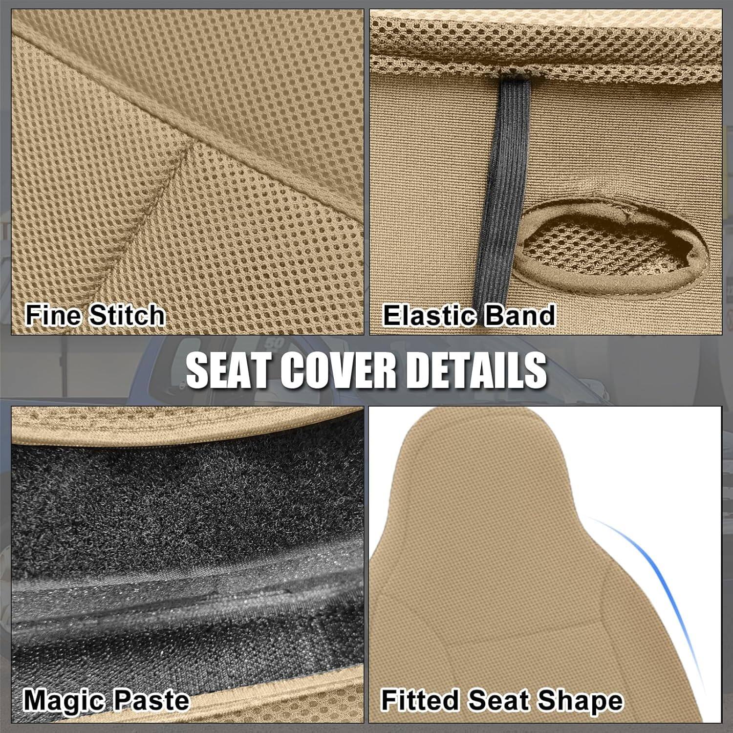 Sure, here is the corrected and grouped text from the image:

---

**SEAT COVER DETAILS**

- Fine Stitch
- Elastic Band
- Magic Paste
- Fitted Seat Shape

---